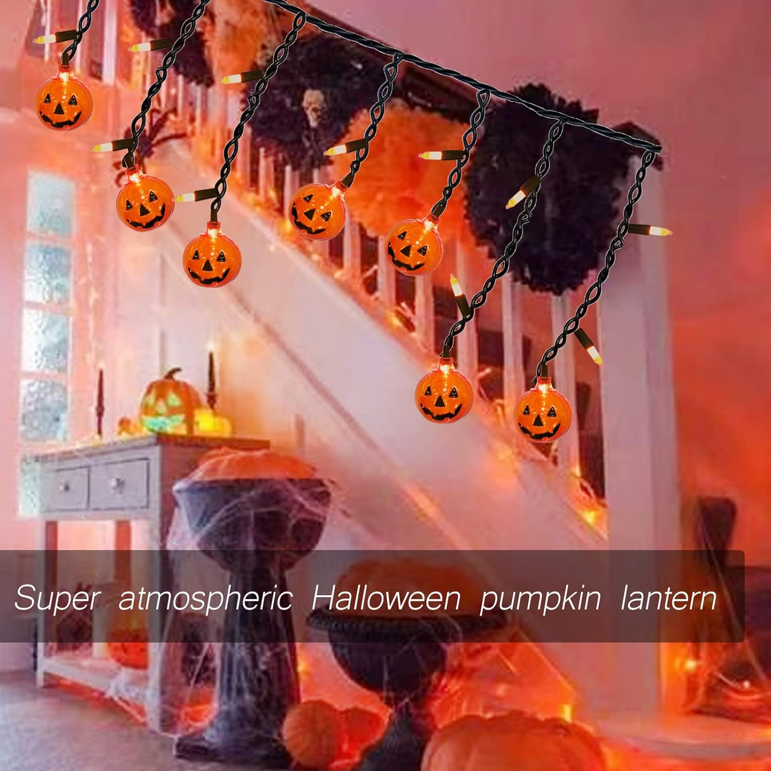 Luces de otoño y Halloween enchufables de 7 pies de largo, 25 unidades, mini cortina de luces con 10 unidades de Halloween, farol Jack O Lantern,