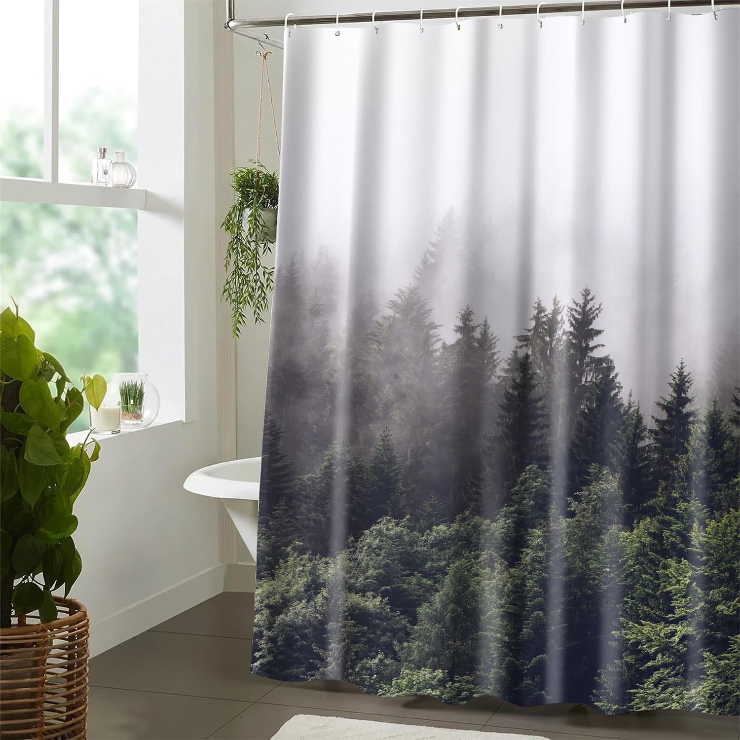 Guo Long Xu Misty Forest – Juego de cortinas de ducha de tela impermeable para baño, árbol natural, montaña, bosque, decoración de baño, cortina con