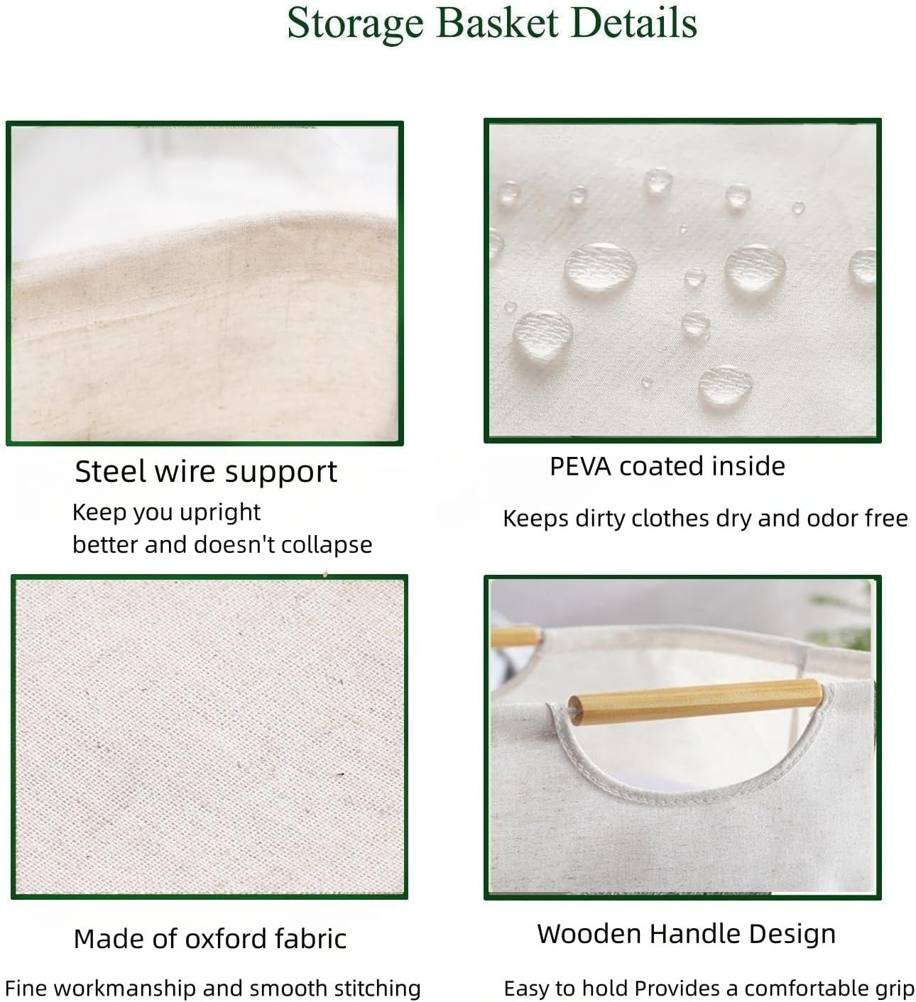 Cesta de lavandería impermeable de 100 L, cesta de lavandería extragrande con mango de madera, cesta de almacenamiento de ropa plegable para