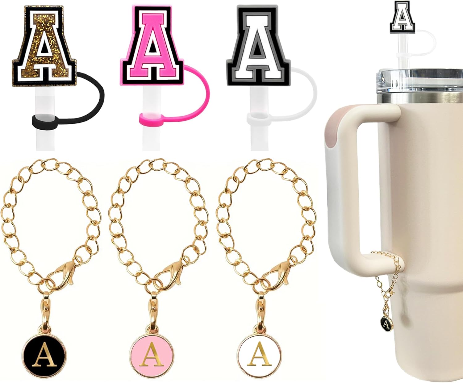 (3 +3) 3 fundas de popote de Nuozme de 0.394 pulgadas para vaso Stanley, reutilizable, tapa de popote con 3 dijes de letras iniciales, accesorios