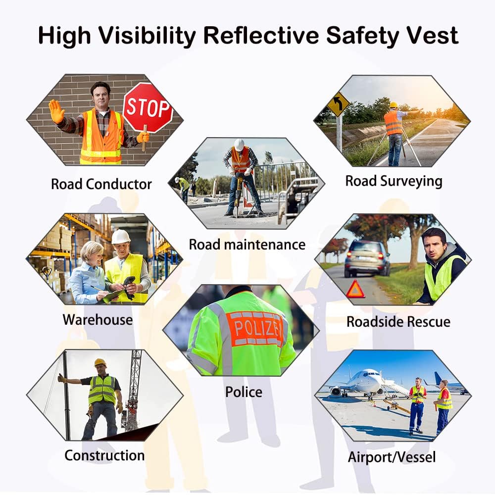 Ekkosafety Chaleco de seguridad de malla reflectante de alta visibilidad para hombres y mujeres, con 9 bolsillos y cremallera frontal, ropa de