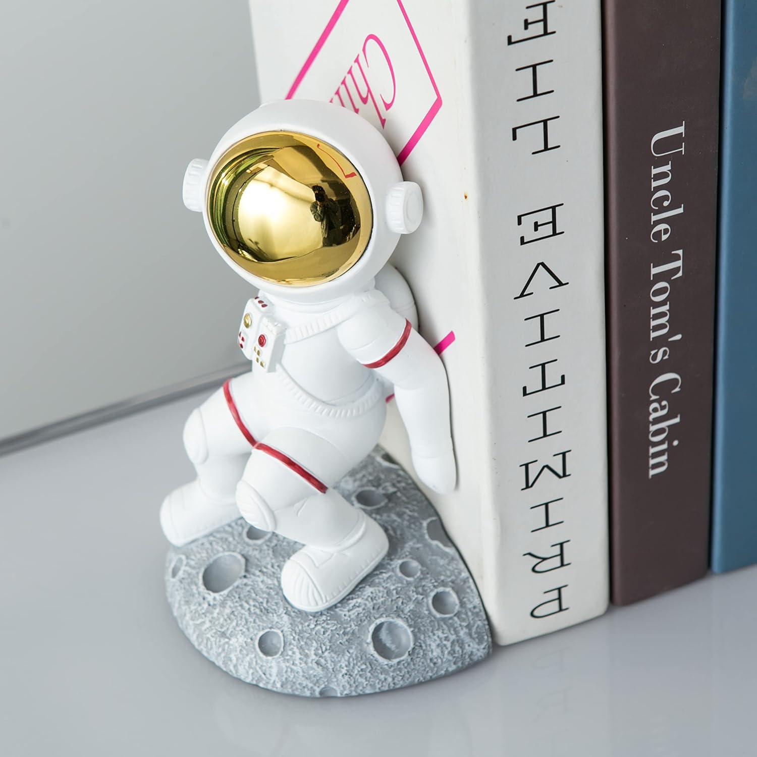 Sujetalibros con temática espacial para estantes, extremos de libro de luna de astronauta para habitación de niños, tapones decorativos de planeta