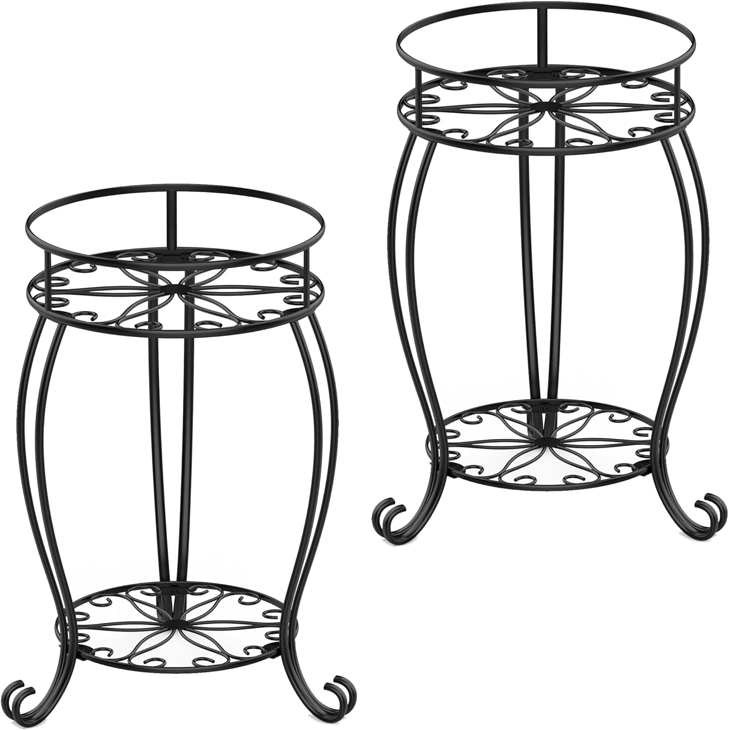FaithLand Paquete de 2 soportes para plantas, soporte para macetas de metal resistente para interiores y exteriores, estante redondo de 2 niveles
