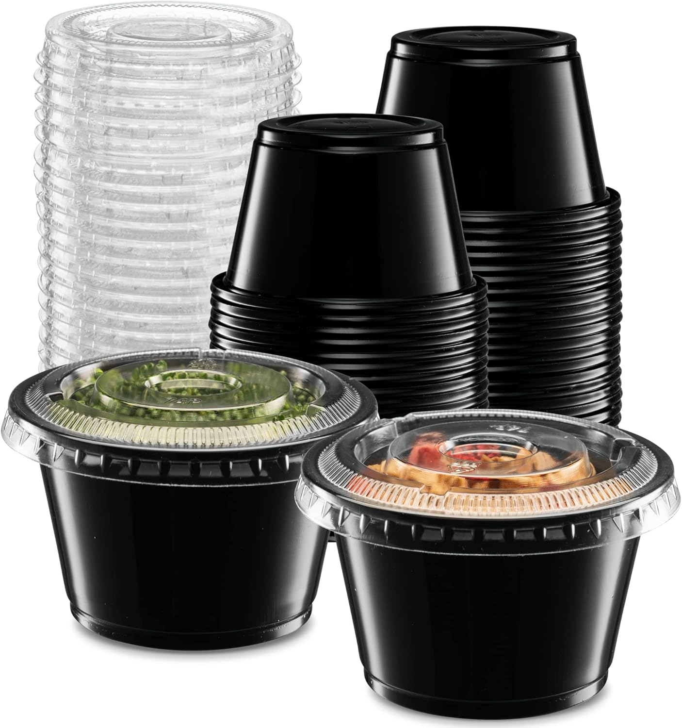 (4 onzas  100 juegos) Vasos de plástico sumergibles negros con tapas, pequeños recipientes para control de porciones, chupitos de gelatina,