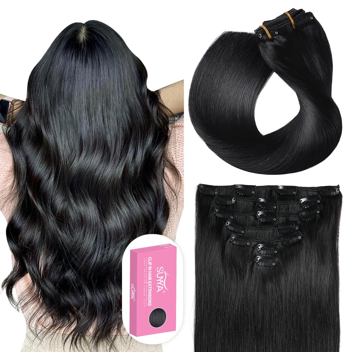 SUYYA Extensiones de cabello humano real con pinzas, 12 pulgadas, 3.53 onzas, 7 piezas de extensiones de cabello humano con clip, color negro