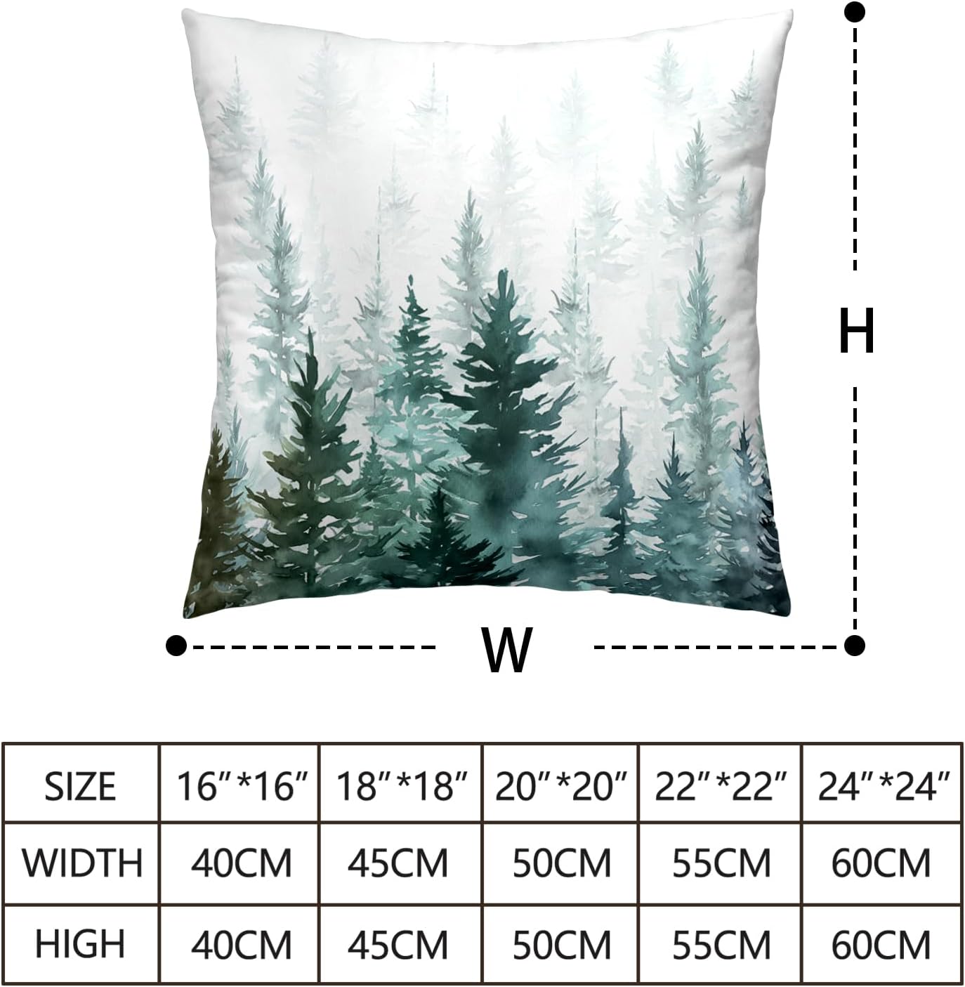 Juego de 2 fundas de almohada de árboles verdes acuarela de 18 x 18 pulgadas, fundas de almohada de invierno verde oscuro con temática de