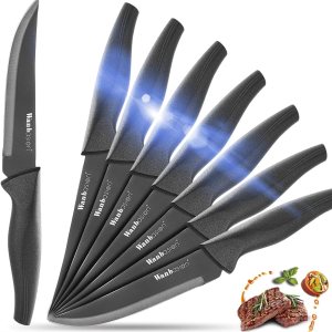 Wanbasion Juego de cuchillos para carne negros no dentados, aptos para lavavajillas, juego de cuchillos afilados para carne para cocina con asas Wanbasion Juego de cuchillos para carne negros no dentados, aptos para lavavajillas, juego de cuchillos afilados para carne para cocina con asas