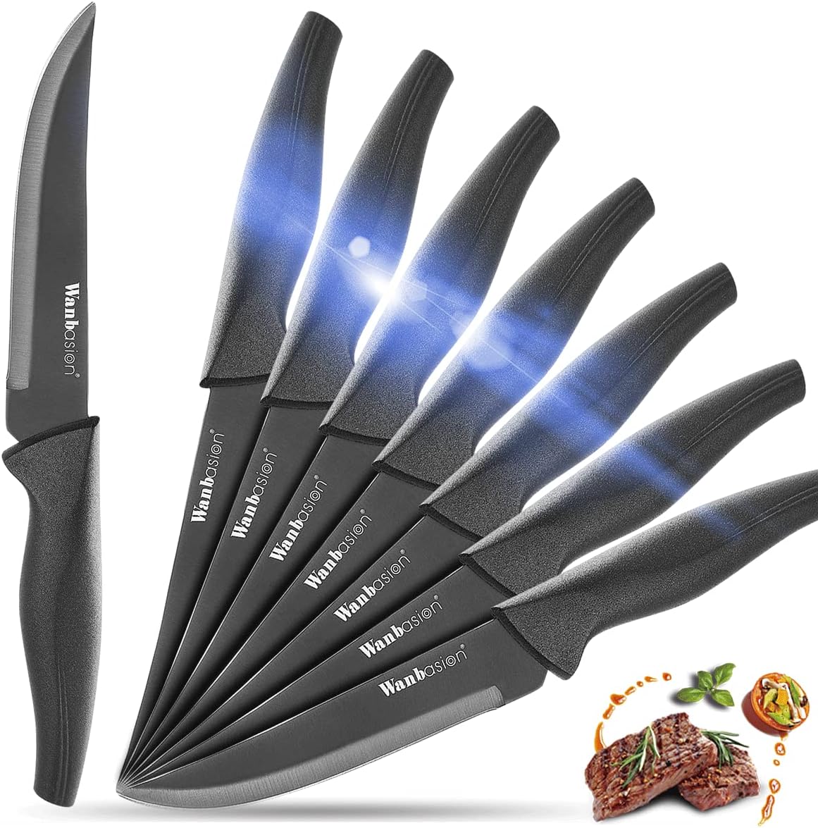 Wanbasion Juego de cuchillos para carne negros no dentados, aptos para lavavajillas, juego de cuchillos afilados para carne para cocina con asas