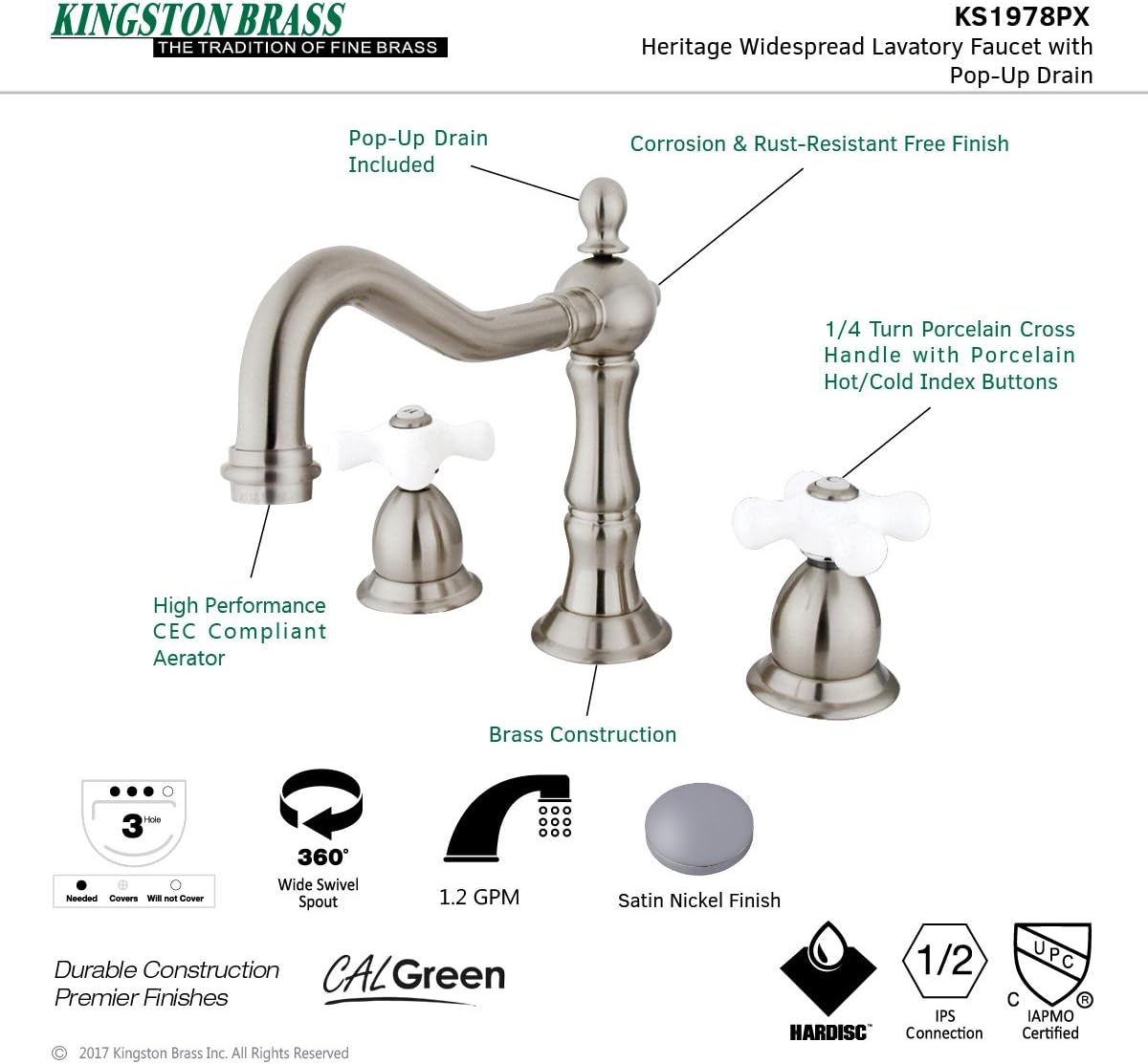 Elements of Design ES1978PX Baltimore – Grifo de lavabo generalizado de 2 manijas de 8 a 14 pulgadas con ventana emergente de latón, 7-12 pulgadas,