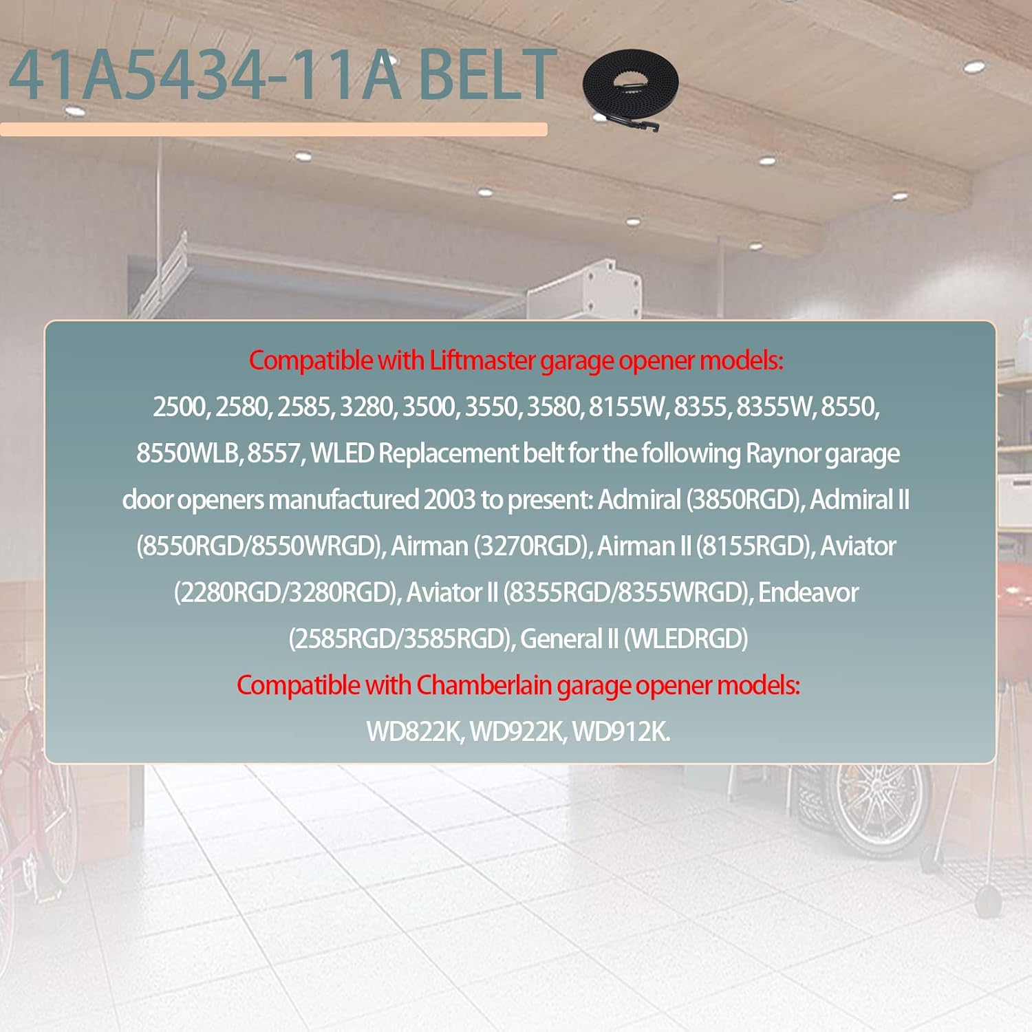 Cinturón mejorado 41a5434-11A para abridor de puerta de garaje Chamberlain de 7 pies, correa de transmisión 41a5434-11 compatible con abridores de