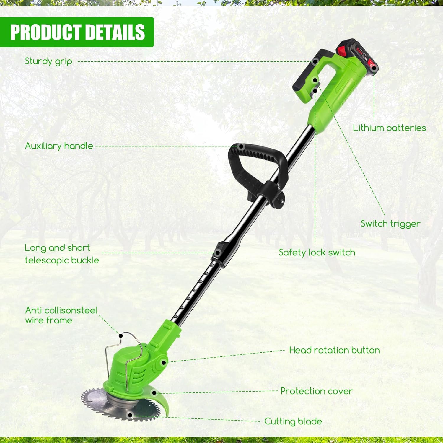 Desbrozadora inalámbrica a batería con 2 baterías y 8 cuchillas, 51 pulgadas y 24 V Weedeaters funciona con pilas, para césped, jardín, patio,
