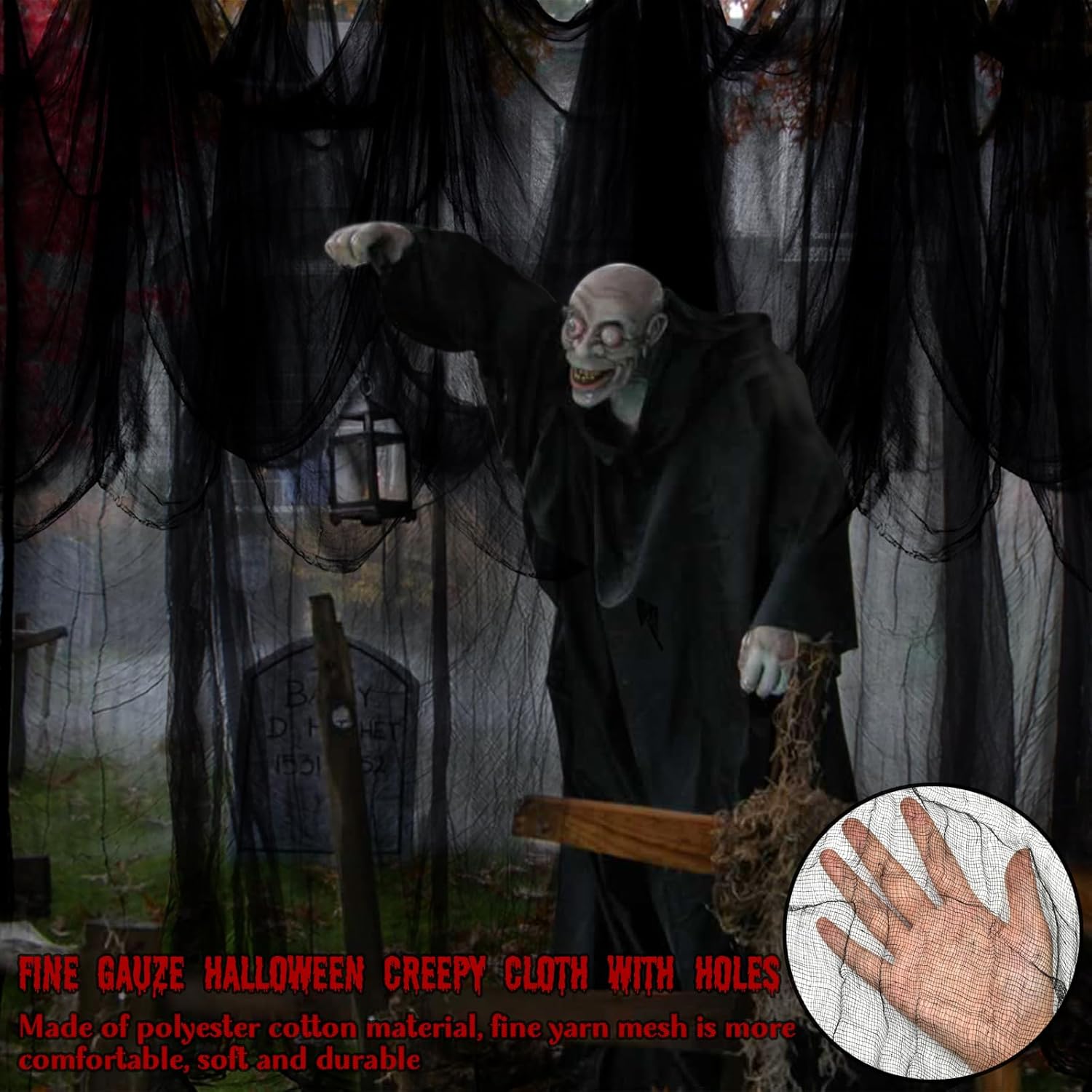 ZeeDix Tela espeluznante negra de Halloween de 85 x 600 pulgadas, tela gigante de Halloween para decoración del hogar, tela de gasa espeluznante