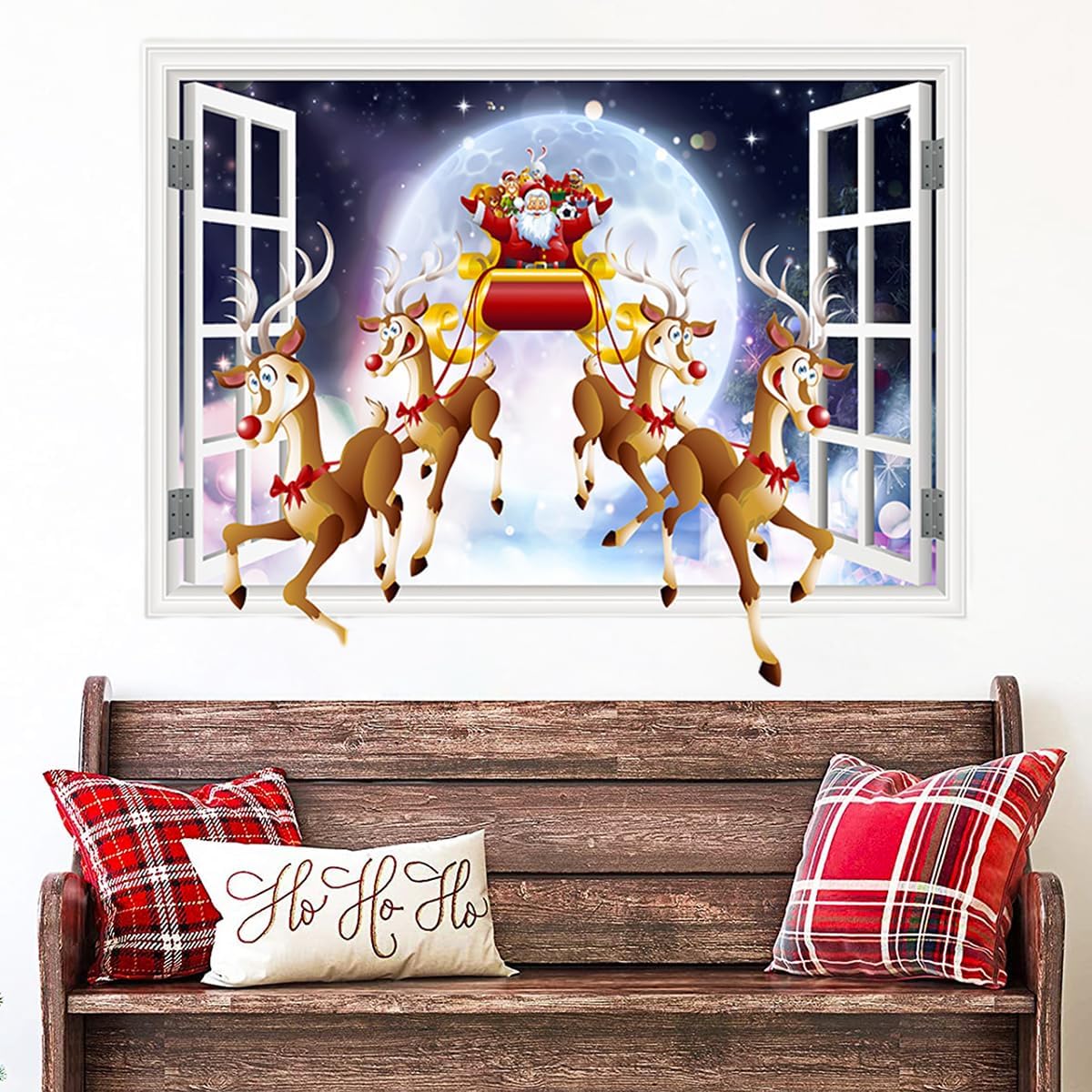 Calcomanías de pared de Navidad 3D, calcomanías de pared de Navidad de renos de Papá Noel, removibles, calcomanías de pared de Navidad para Navidad,