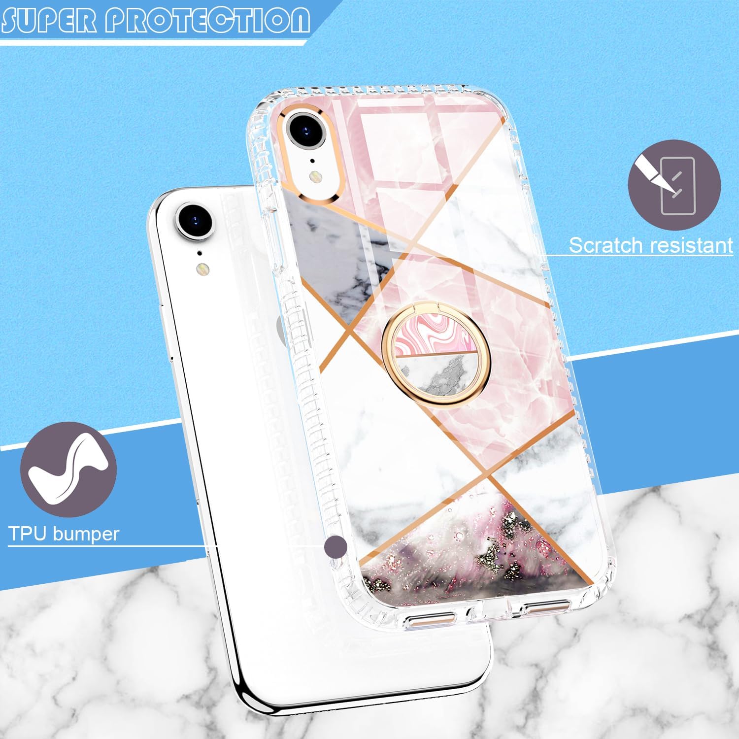 Asuwish Funda de teléfono para iPhone XR 6.1 con protector de pantalla y soporte de anillo de mármol, a prueba de golpes, TPU silicona, resistente