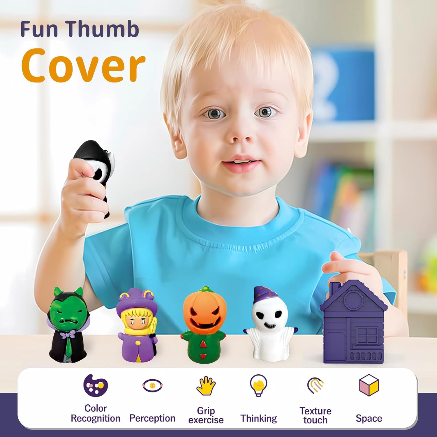 Juguetes de aprendizaje para niños de 1, 2, 3, 4 años, 5 marionetas de dedo de Halloween y 5 graneros para niños, juego de motricidad fina, juguetes