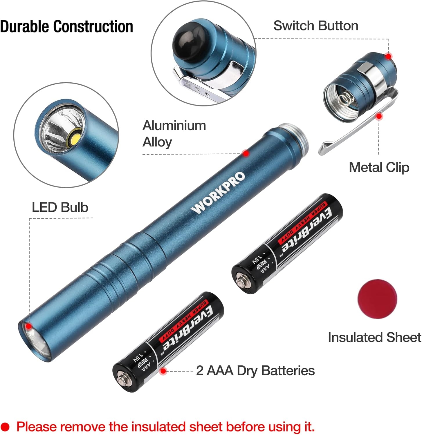 WORKPRO Juego de 4 luces azules para bolígrafo y 4 unidades de luces negras