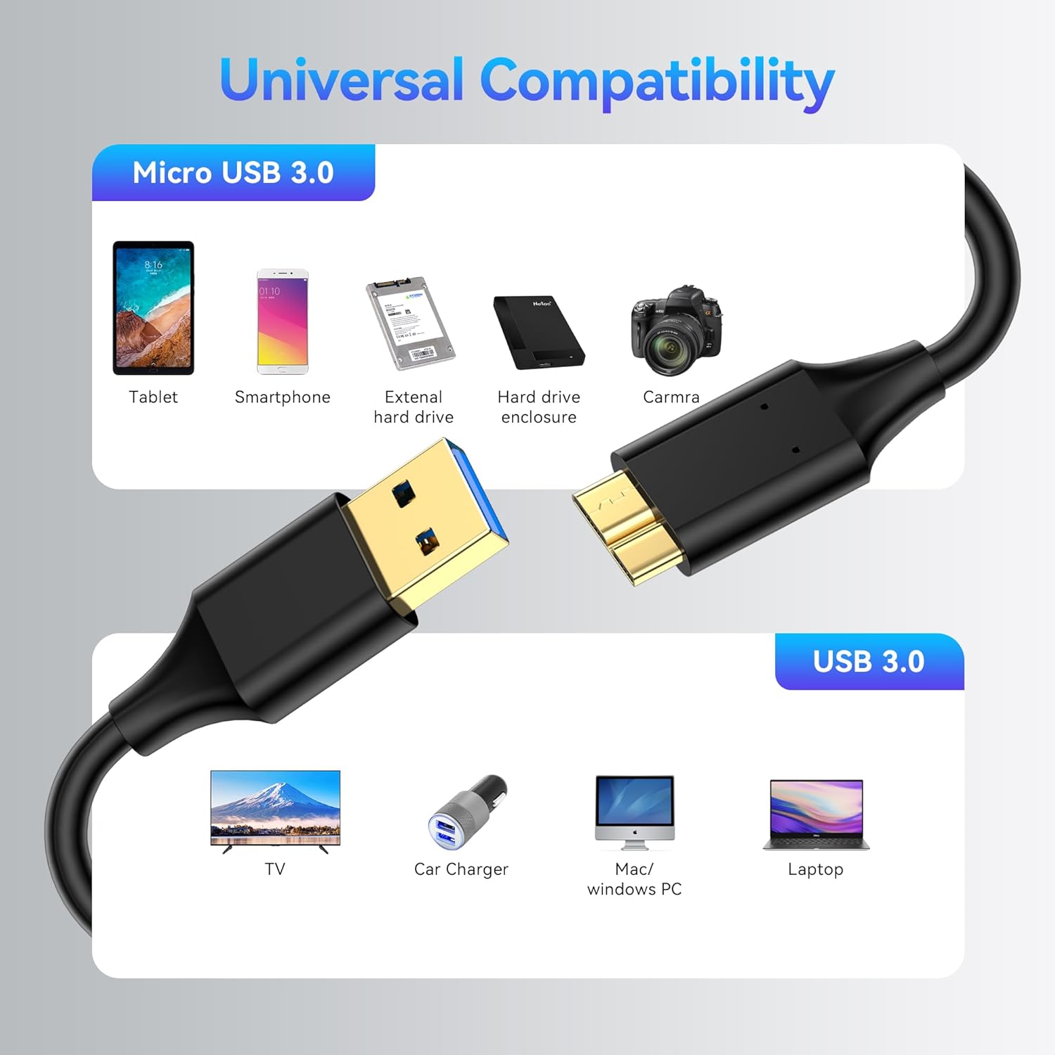 Cable de disco duro USB 3.0 de 1 pie (paquete de 3), cable de carga micro USB a USB A 3.0, enchufes chapados en oro, 5Gbps de alta velocidad,