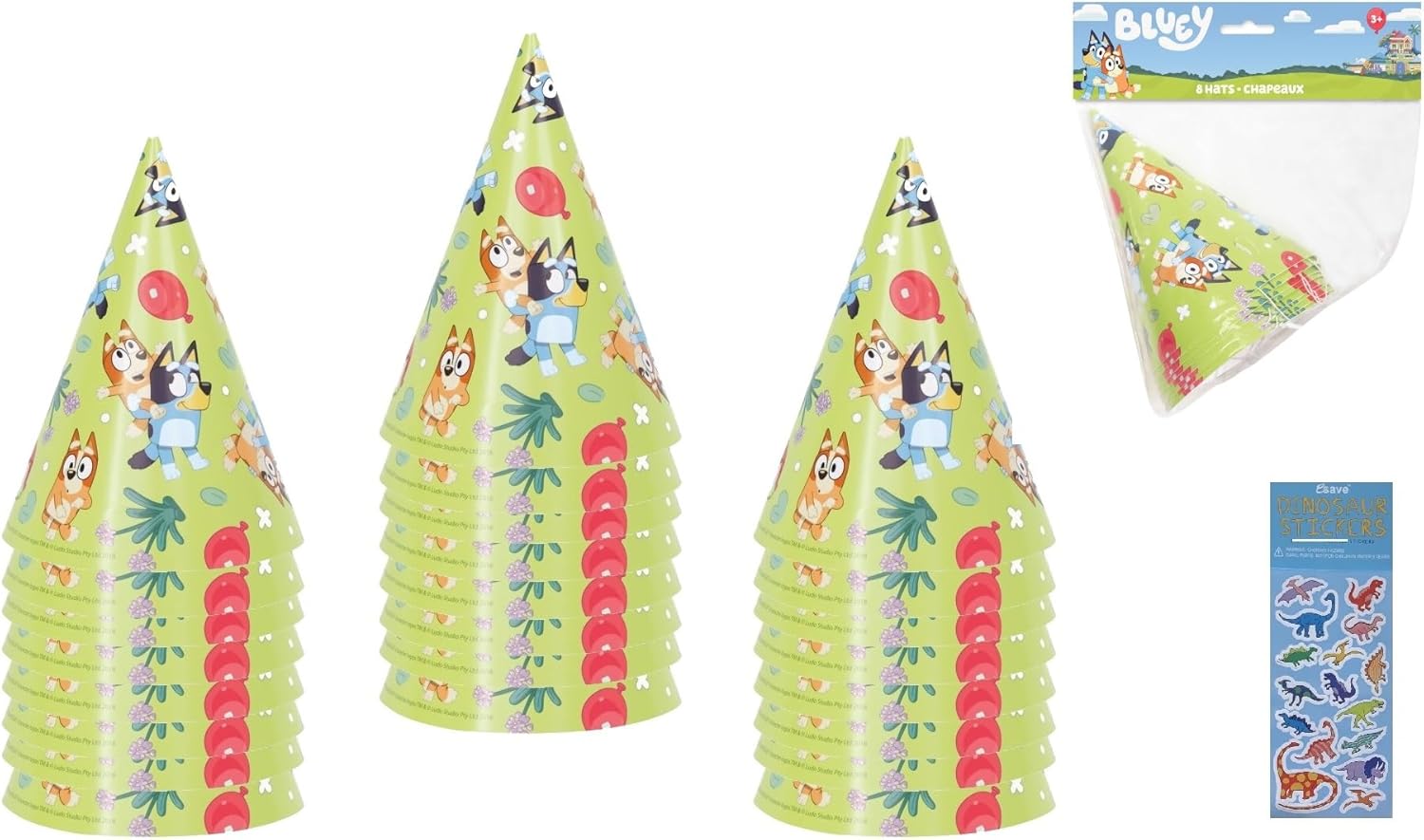 Unique El paquete de suministros para fiesta de cumpleaños de Bluey incluye 24 sombreros de fiesta y 1 hoja de calcomanías de dinosaurio