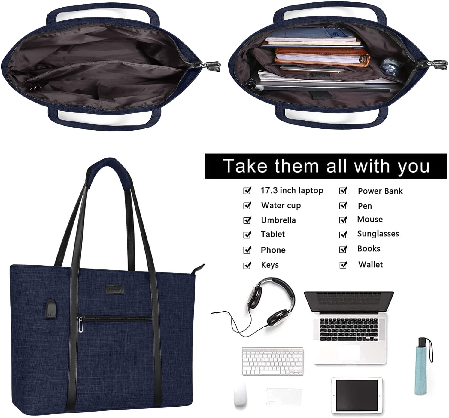 MOSISO Bolsa de mano para laptop con puerto USB para mujer, compatible con MacBook, portátil de 17 a 17.3 pulgadas y Chromebook, bolsa de viaje para
