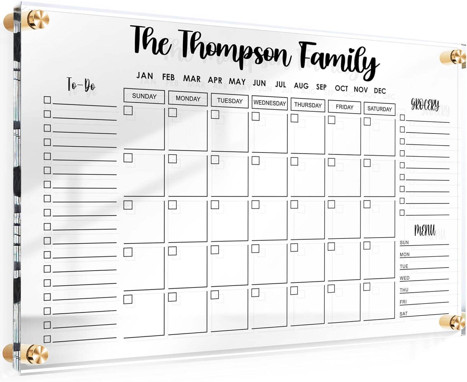 Calendario de pared acrílico personalizado de alta calidad, plexiglás seco y borrable  Diseño acrílico ultra claro con nombre de familia acrílico