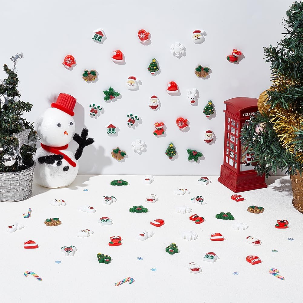 WEBEEDY 60 piezas de dijes de slime de Navidad, cabujones de resina de Navidad, cabujones de resina con parte trasera plana, accesorio de