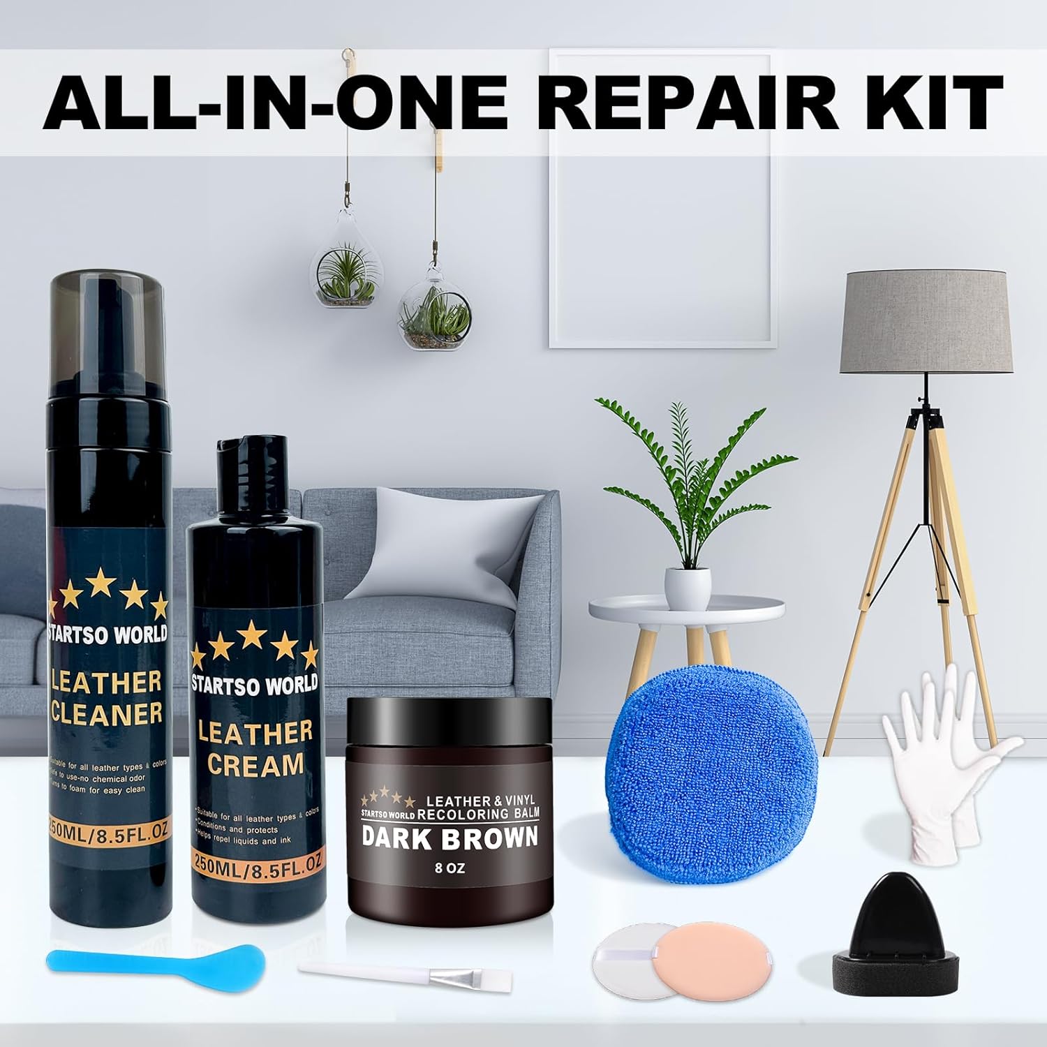 Kit de restauración de cuero  Incluye bálsamo para colorear cuero, limpiador de cuero, crema protectora, esponja y paño  Restaura y reparaciones