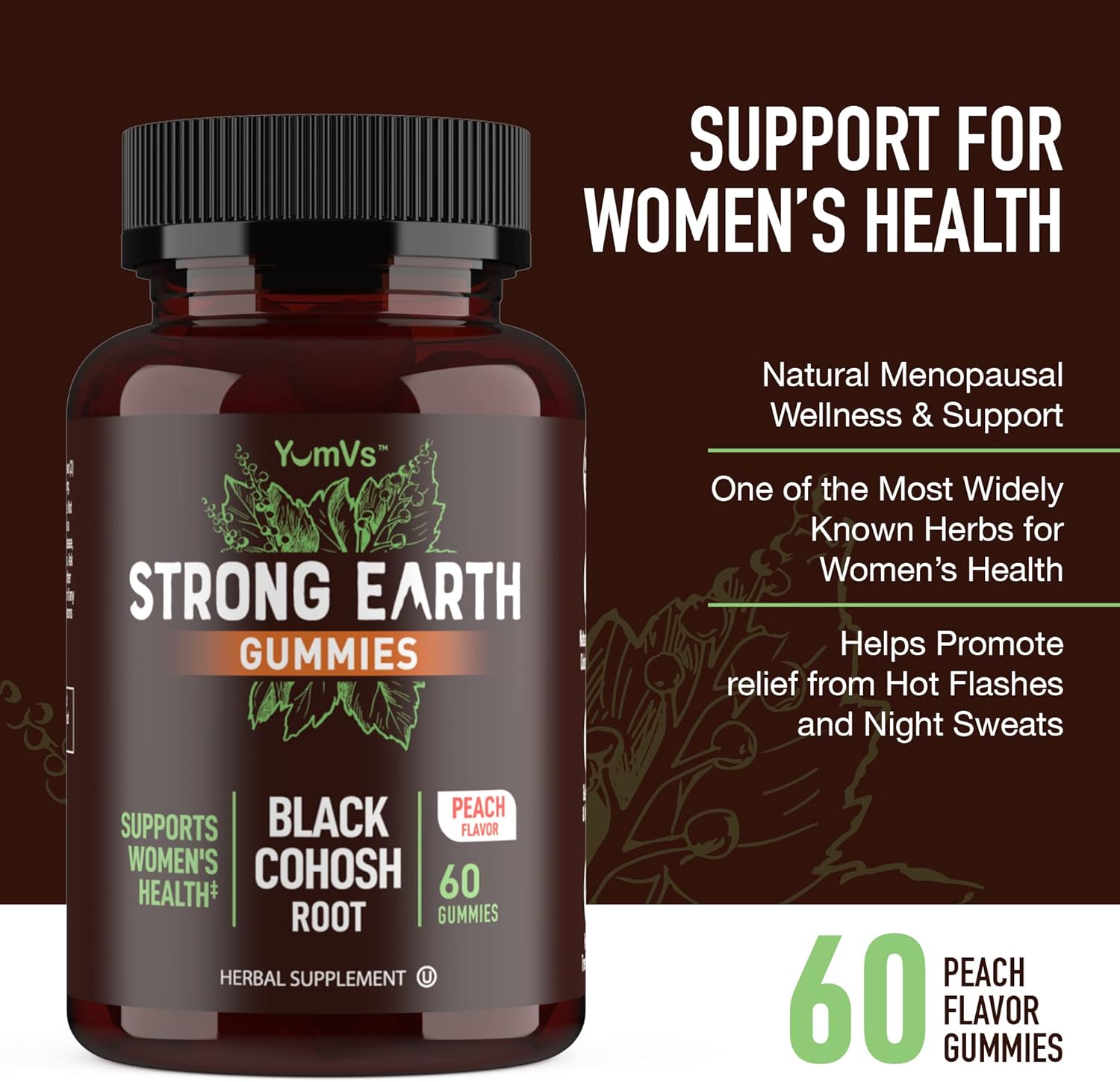 Strong Earth – Raíz de cohosh negro de 50 mg  Gomitas de cohosh negro (60 unidades) suplementos de extracto natural para la menopausia para mujeres,