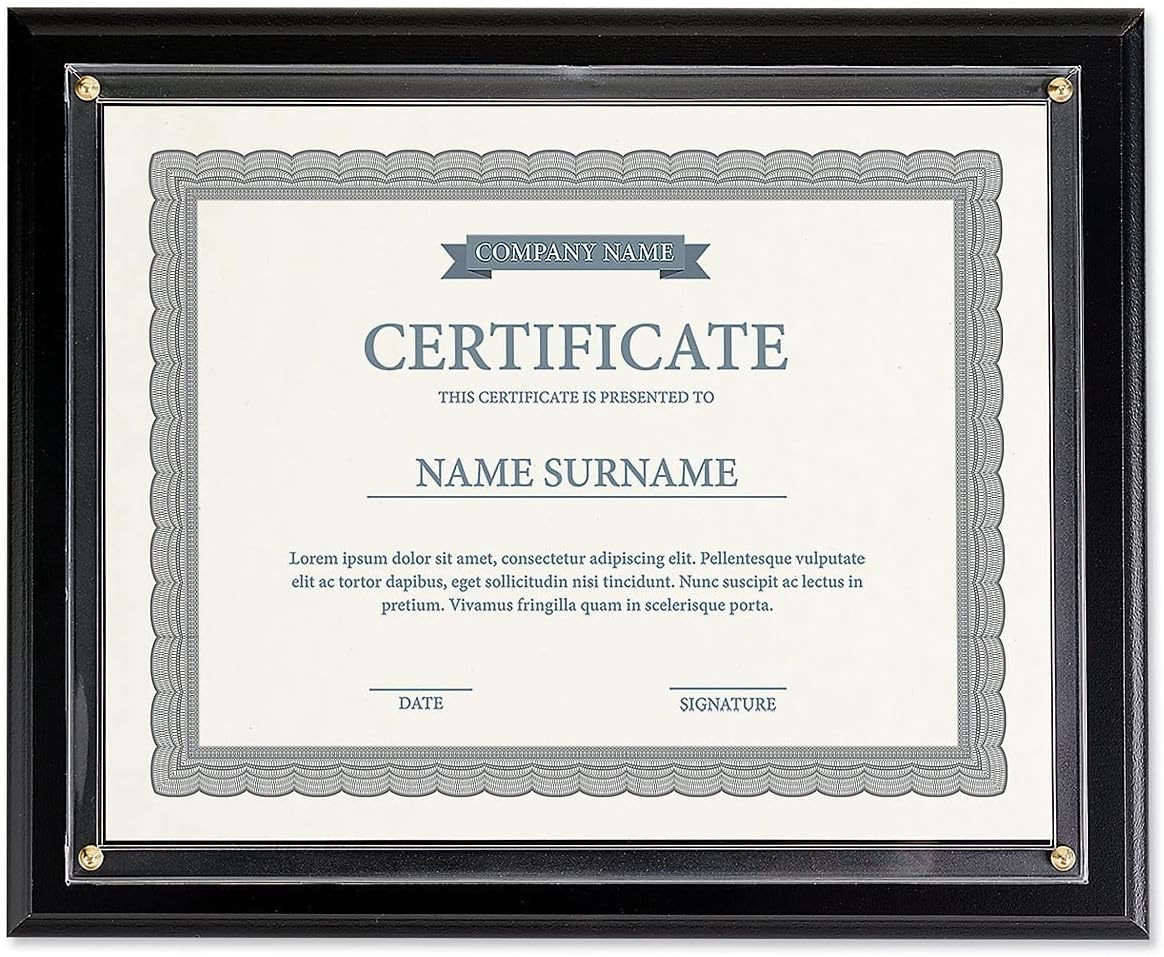 Fine Stationery Placa plana negra con certificado de premio, certificado o diploma deslizable de 8.5 x 11 pulgadas, marco de pared