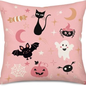 Fukeen Fundas de almohada decorativas de Halloween de 18 x 18 pulgadas de color rosa con diseño de gato, murciélago, araña, calabaza, fantasma, Fukeen Fundas de almohada decorativas de Halloween de 18 x 18 pulgadas de color rosa con diseño de gato, murciélago, araña, calabaza, fantasma,