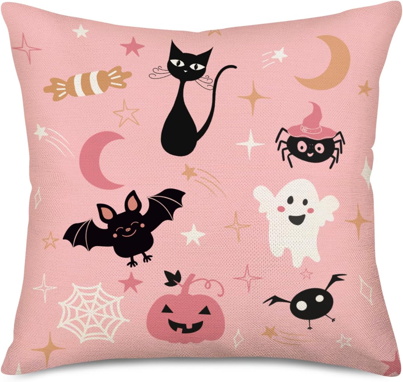 Fukeen Fundas de almohada decorativas de Halloween de 18 x 18 pulgadas de color rosa con diseño de gato, murciélago, araña, calabaza, fantasma,