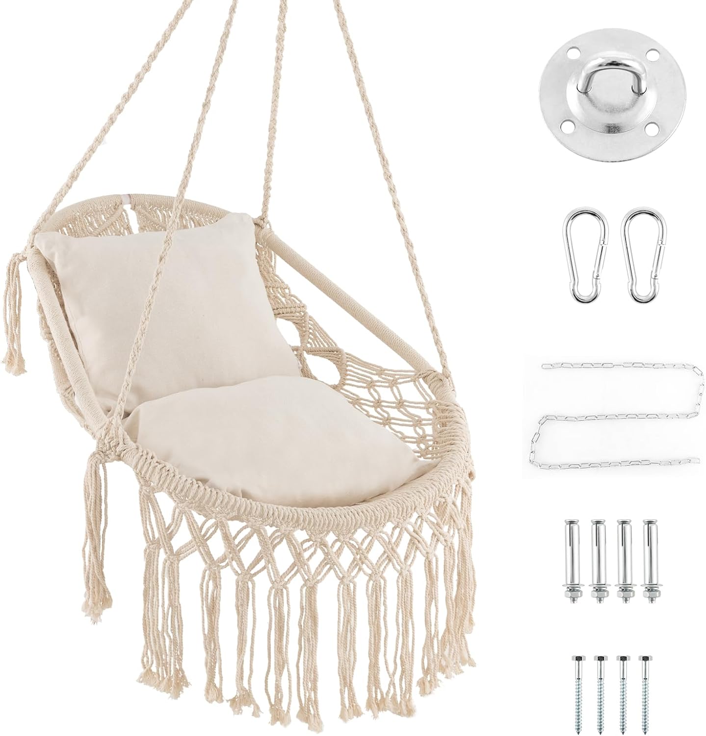 Tangkula Silla hamaca colgante, hamaca de estilo bohemio con 2 cojines suaves, borlas, accesorios de montaje, silla colgante de cuerda de algodón