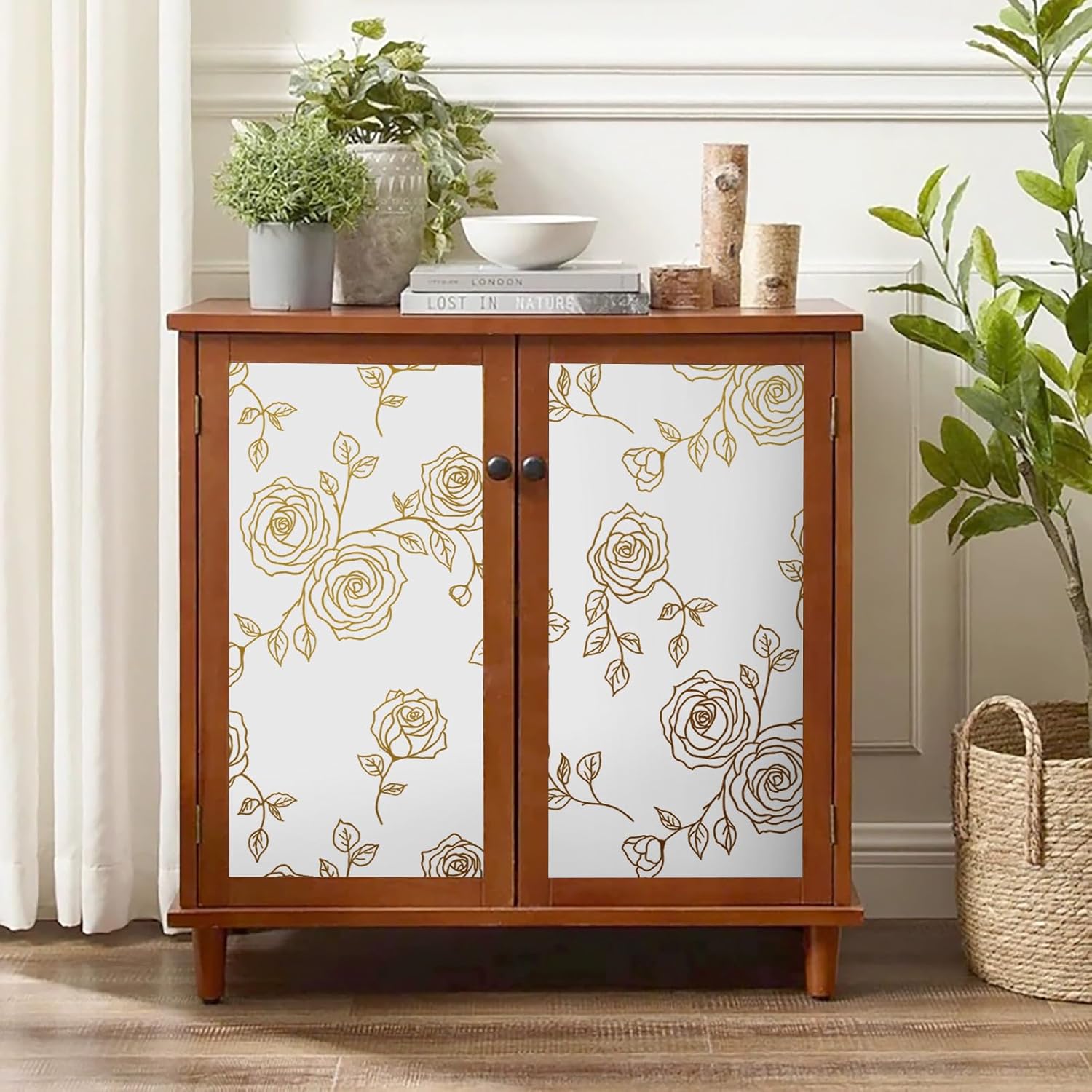 Amiya Papel tapiz de flores para despegar y pegar, papel tapiz bohemio dorado y blanco, renovación de dormitorios, armarios, etc. Papel tapiz de