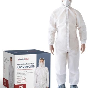 Medical Nation Trajes de materiales peligrosos  Paquete de 25 unidades, mediano  Overol protector desechable, resistente de cuerpo completo, traje Medical Nation Trajes de materiales peligrosos  Paquete de 25 unidades, mediano  Overol protector desechable, resistente de cuerpo completo, traje