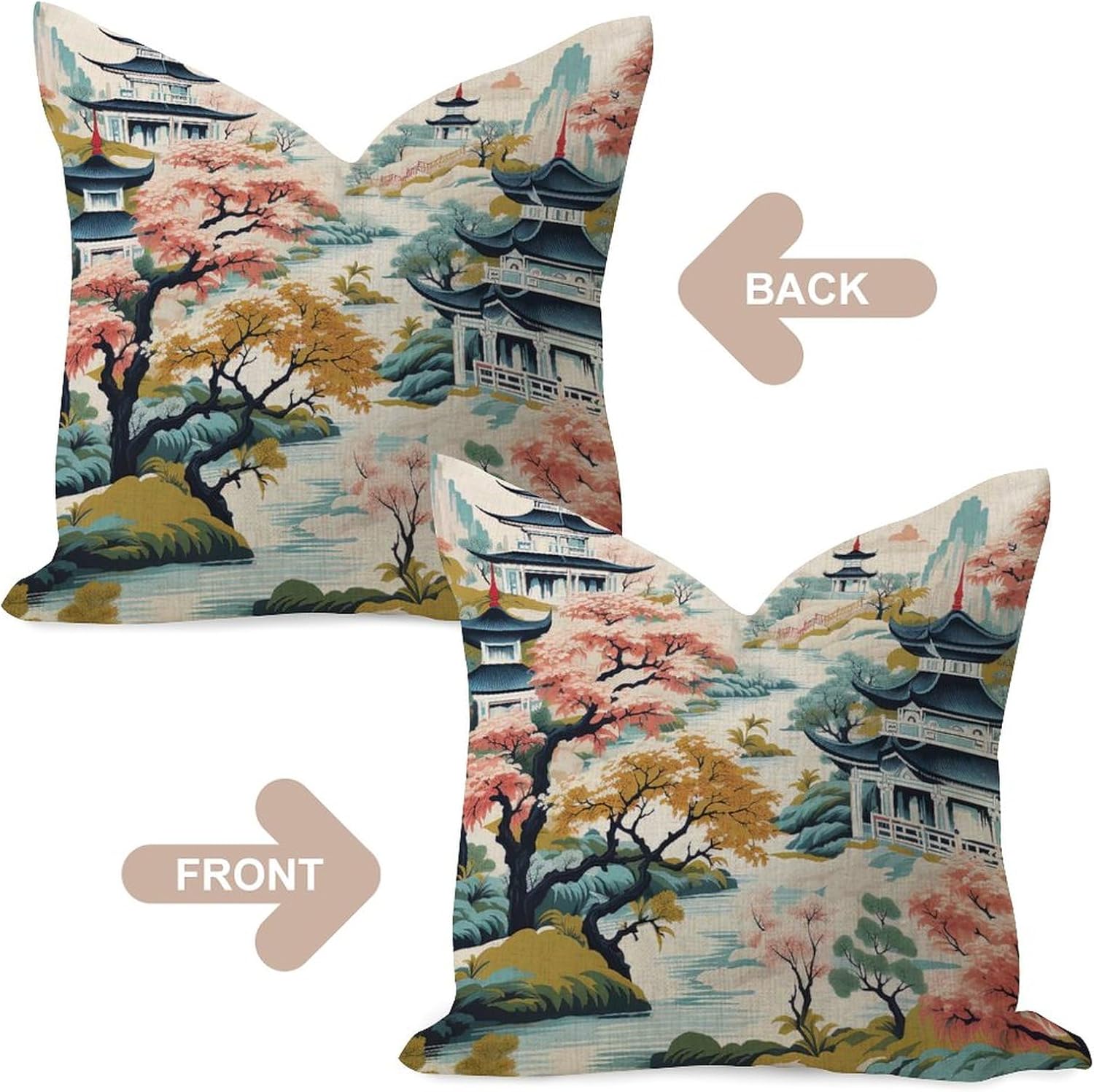 Chinoiserie – Funda de almohada transpirable con diseño de pagoda asiática, color blanco, azul coral, para interiores, diseño de pájaros escénicos,