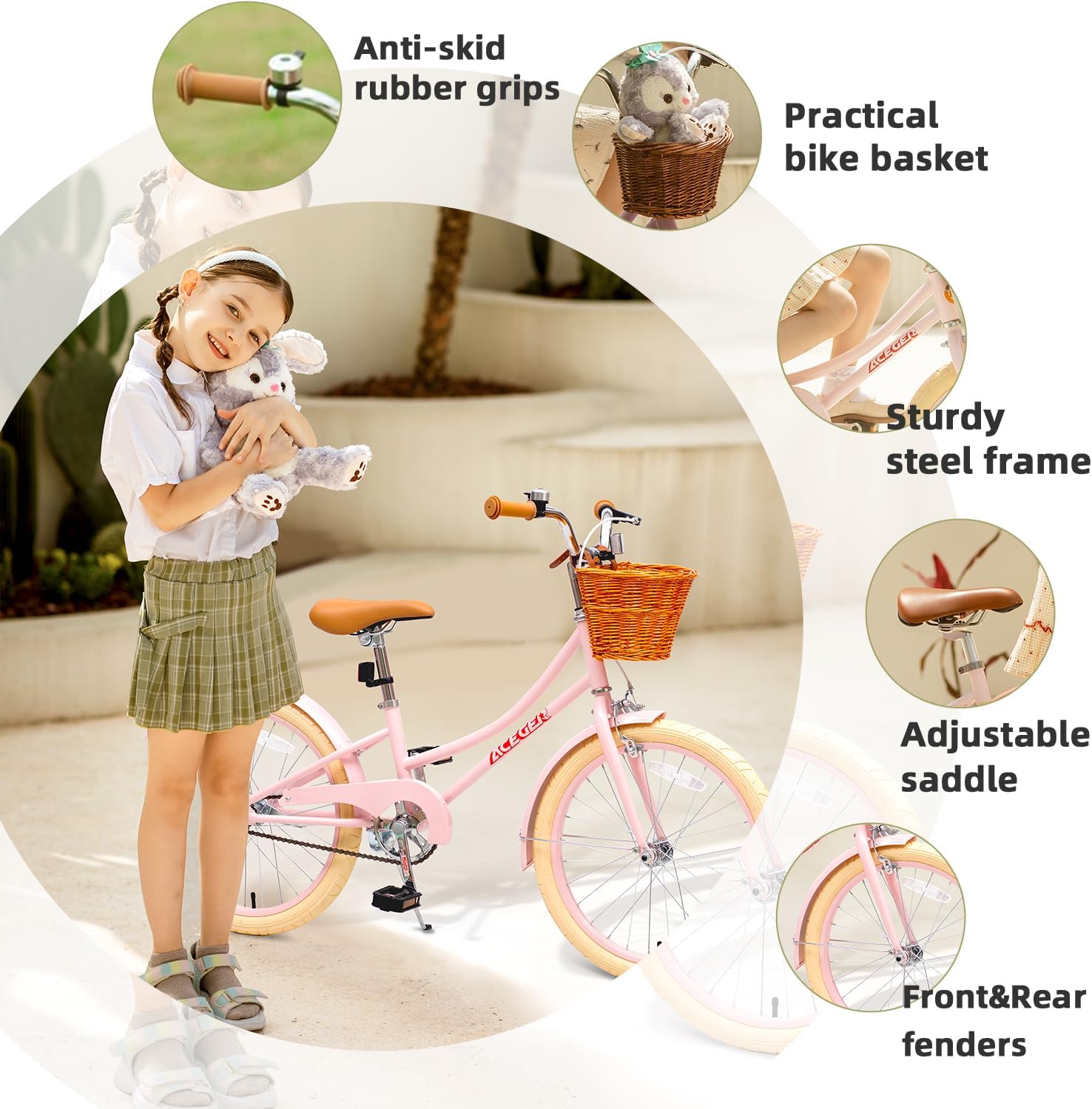 ACEGER Bicicleta para niñas con canasta, bicicleta para niños de 3 a 13 años, incluye freno de posavasos y freno de pinza, 14, 16, 18 pulgadas, con