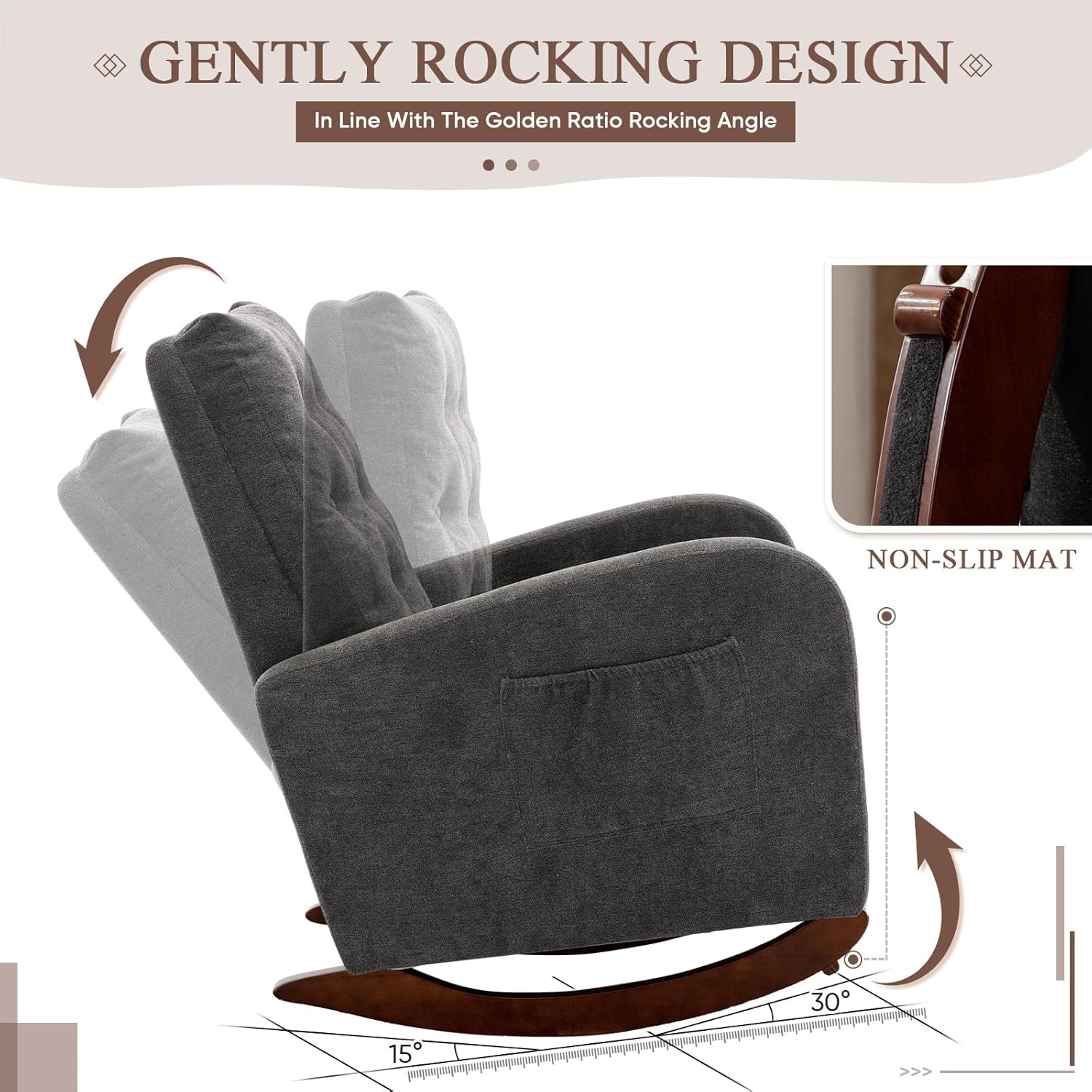 Mecedora moderna para guardería, silla mecedora tapizada con respaldo alto copetudo, cómodo sillón decorativo con cojín grueso y bolsillo grande