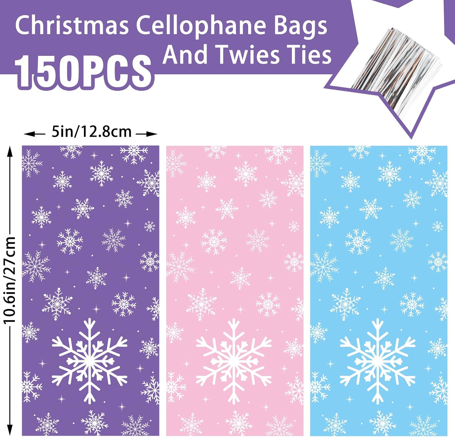 Whaline 150 bolsas de celofán de Navidad, color rosa, azul, morado, copo de nieve, caramelos, galletas, bolsas de plástico con lazos giratorios