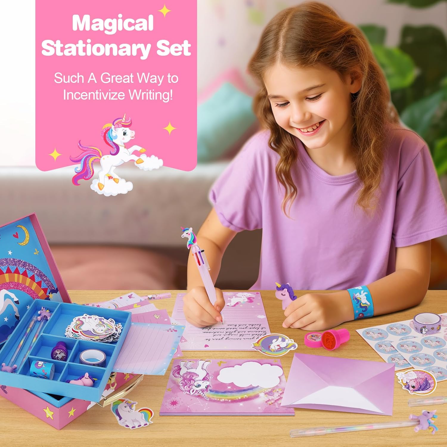 homicozy Juego de papelería de unicornio para niñas, regalos de unicornios para niñas de 5, 6, 7, 8, 9, 10 años, kit de manualidades de escritura de