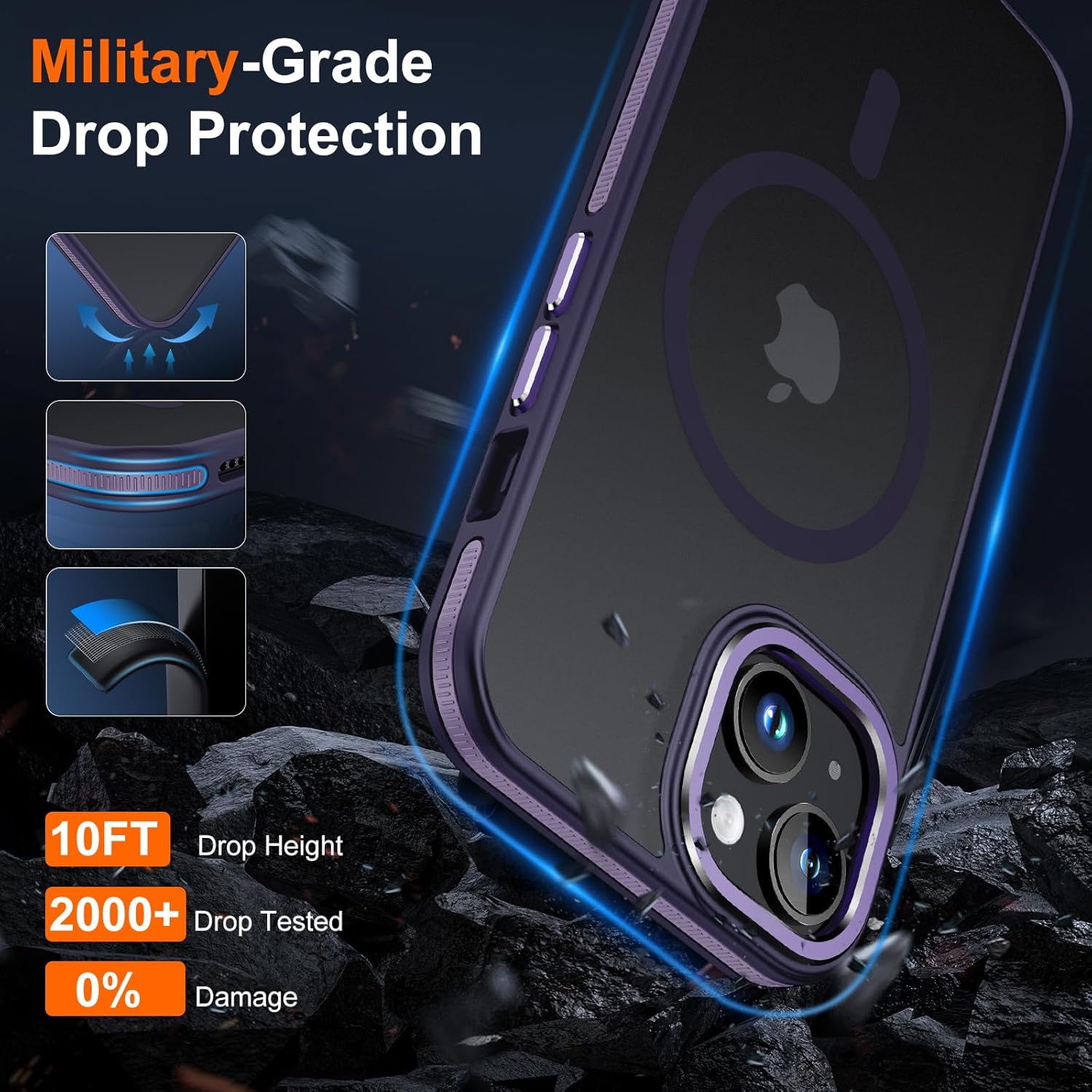 JAME Funda para iPhone 15, iPhone 15 con 2 protectores de pantalla de vidrio templado, compatible con Magsafe, protección de grado militar, funda