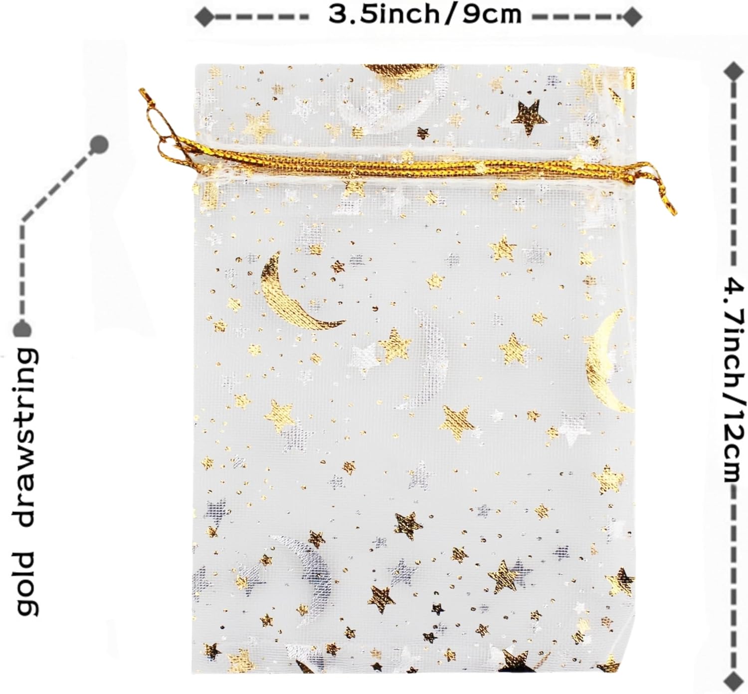 QIANHAILIZZ – 100 bolsas de organza con diseño de estrellas y lunas para joyas, para regalo de caramelos, regalo de matrimonio, con cordón ajustable.