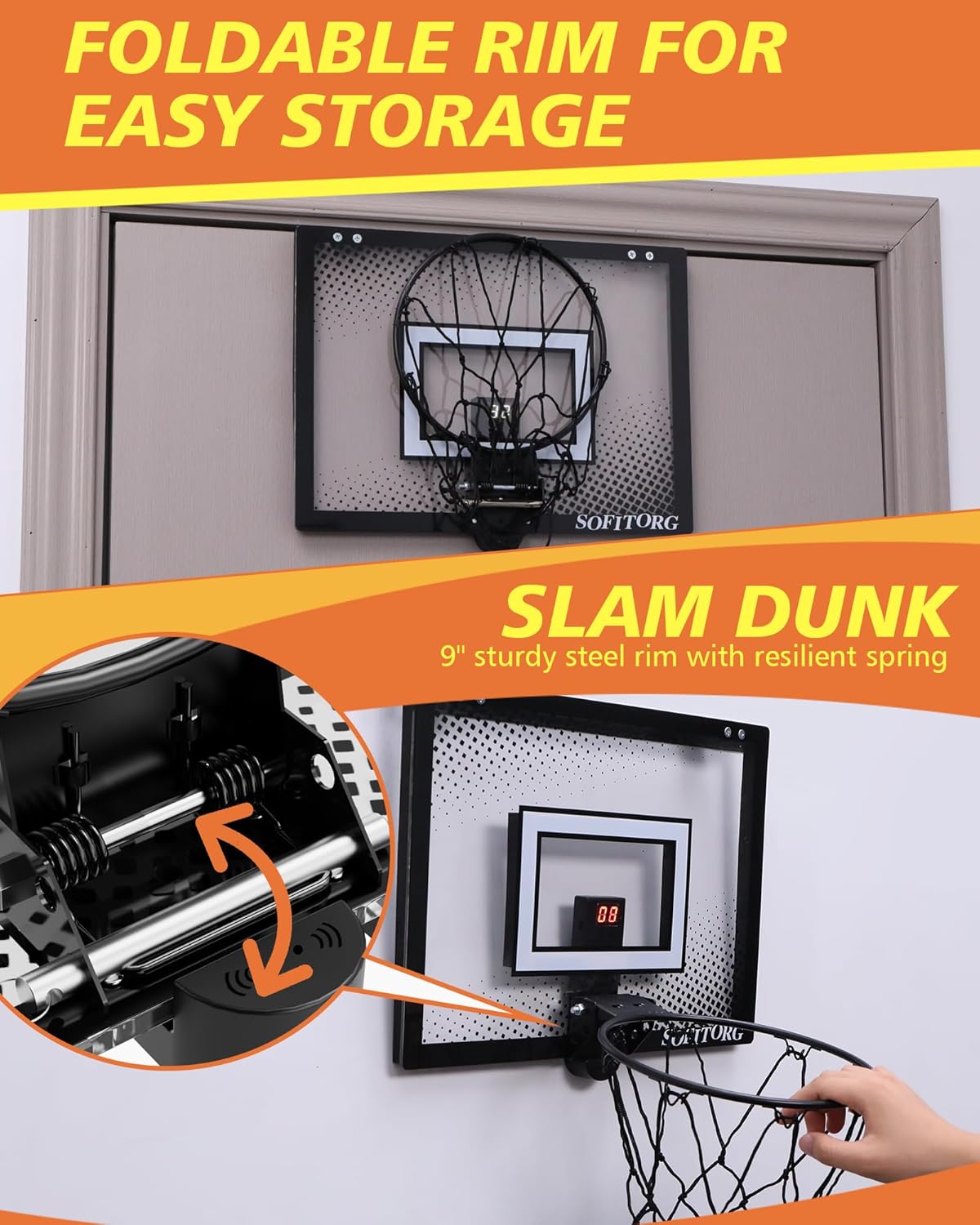 SOFITORG Aro de baloncesto sobre la puerta, mini aro de baloncesto para interiores con borde flexible plegable, juego de aro de baloncesto de