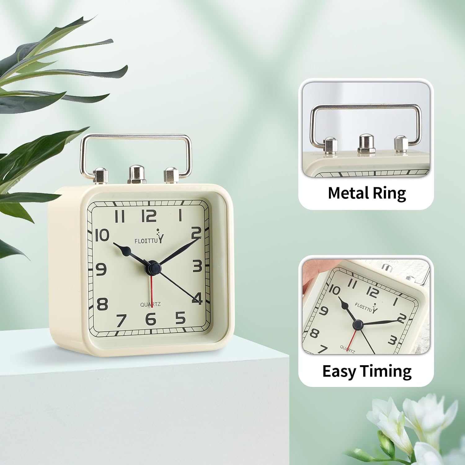 Reloj despertador cuadrado de metal, silencioso, sin tictac, funciona con pilas, luz nocturna y reloj de escritorio para dormitorio, viajes, niños,
