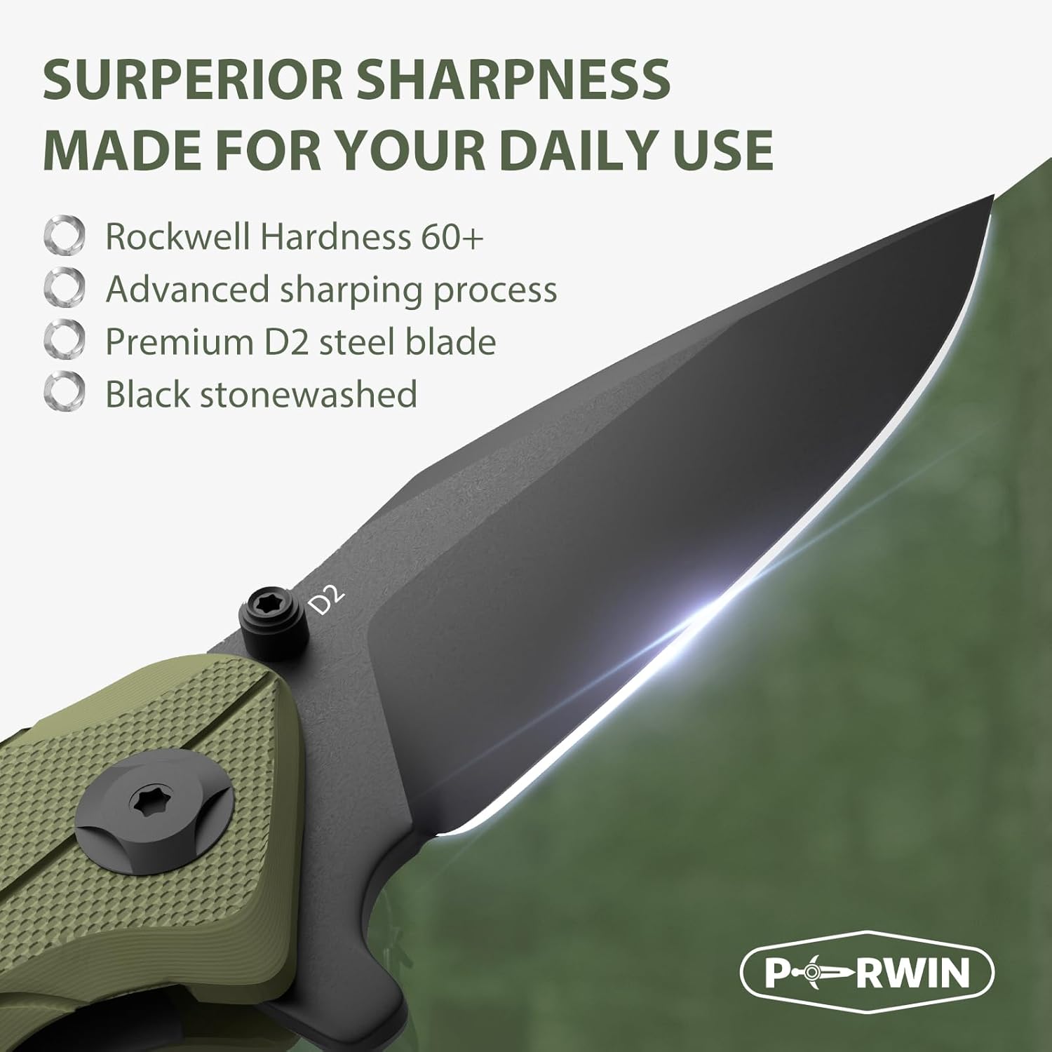 PERWIN Cuchillo de bolsillo  Cuchillo plegable con clip de bolsillo, cuchillo EDC para hombres, hoja D2 G10, regalo para hombres, marido, niño,