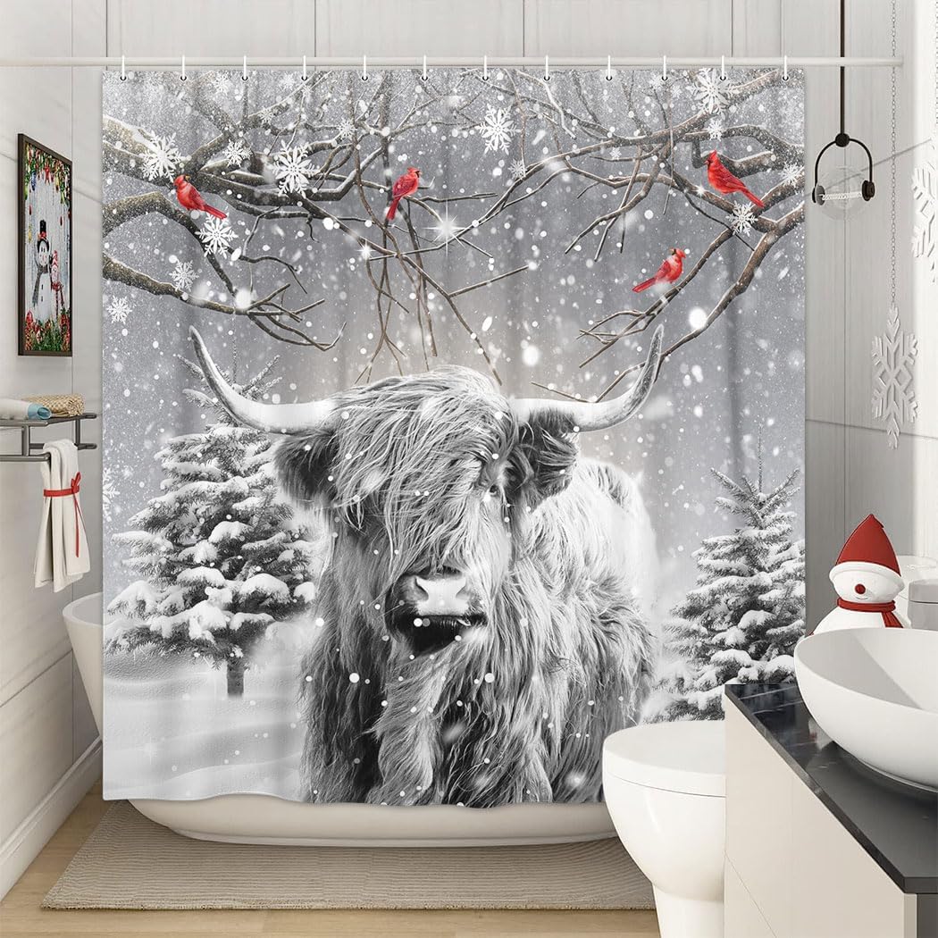 Bcsewcg Juego de cortina de ducha gris de vaca de las montañas navideñas, cortina de ducha divertida de vaca occidental, bosque de invierno, nieve,