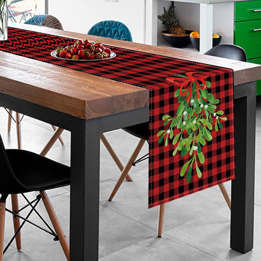 Camino de mesa navideño de muérdago y pino, búfalo a cuadros, mantel de temporada de invierno, Navidad, decoración de mesa de cocina, comedor para
