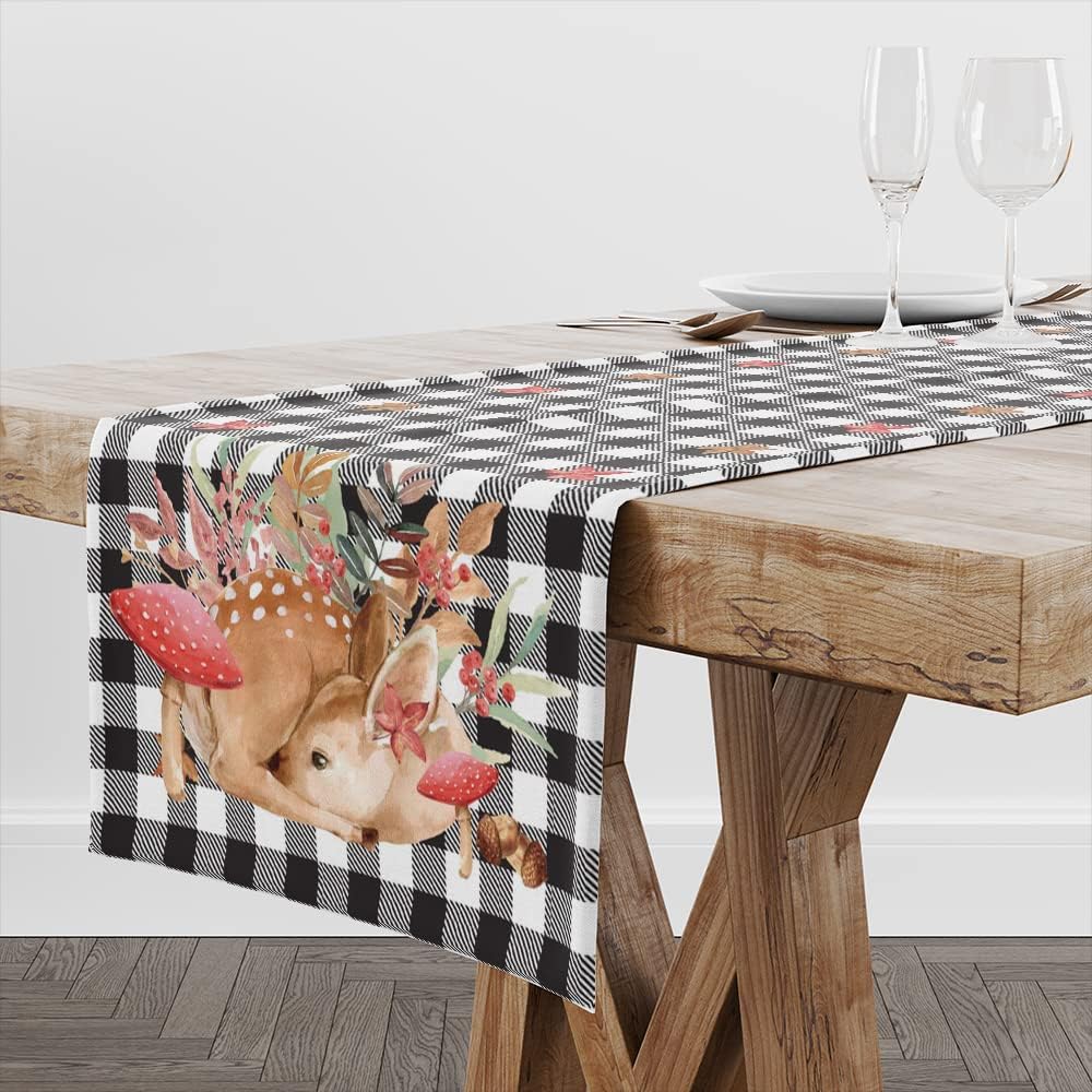 Camino de mesa de otoño con hongos de 72 pulgadas, decoración de camino de mesa de granja de ciervos otoñales para comedor, cocina, hogar, cuadros