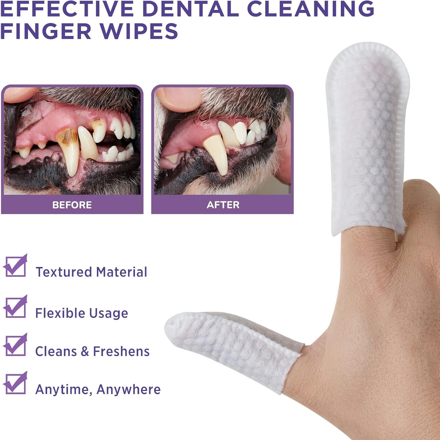 Toallitas de limpieza de dientes para perros y gatos, elimina el mal aliento eliminando la placa y la acumulación de sarro, cepillo de dientes de