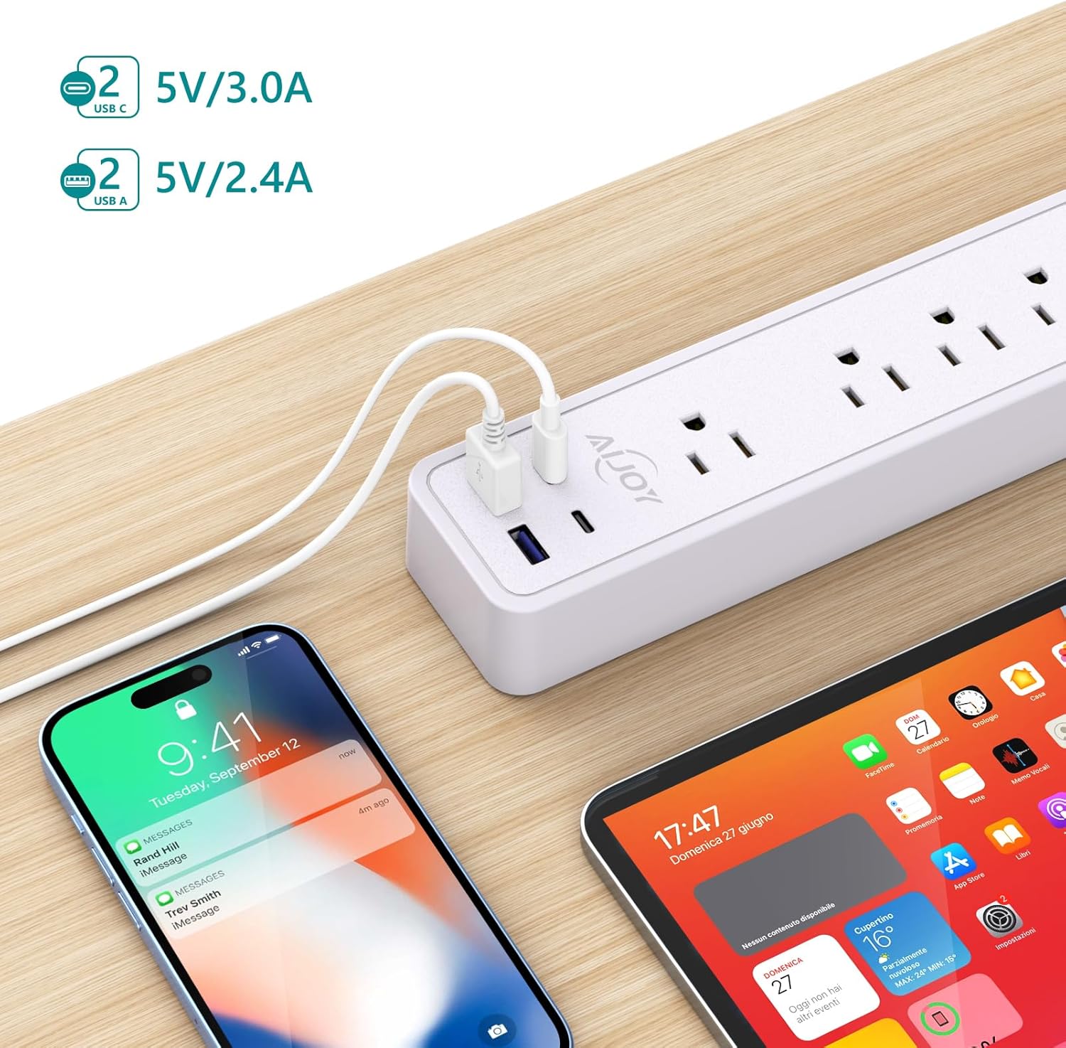 Paquete de 2 regletas de protección contra sobretensiones con 4 puertos USB (2 USB-C), 12 salidas de CA, protección contra sobretensiones de 1500J,