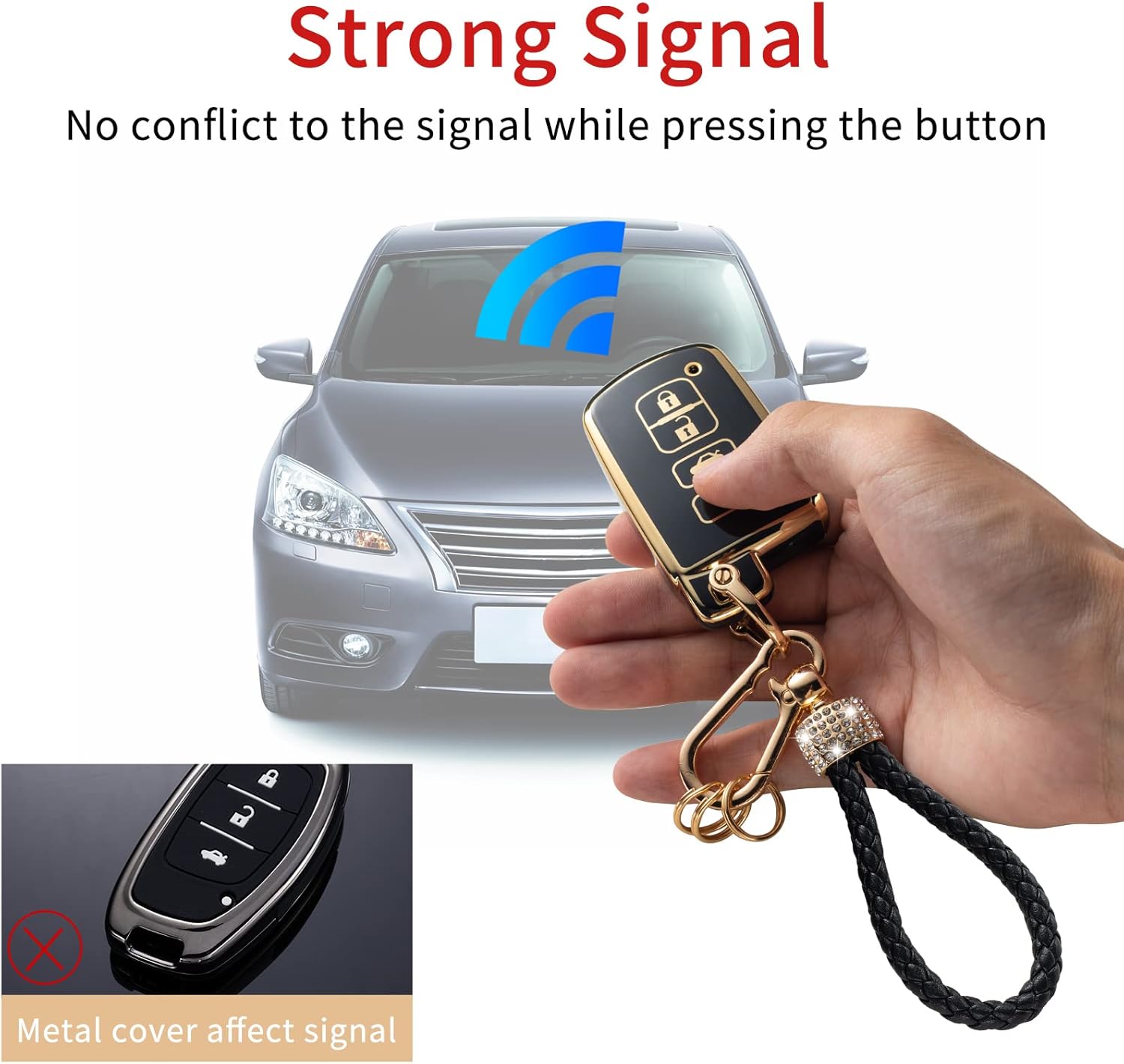 Gematay Funda para llavero Toyota con cordón, funda compatible con Toyota Avalon Camry Corolla RAV4 Sequoia Highlander 4 botones Smart Key Holder