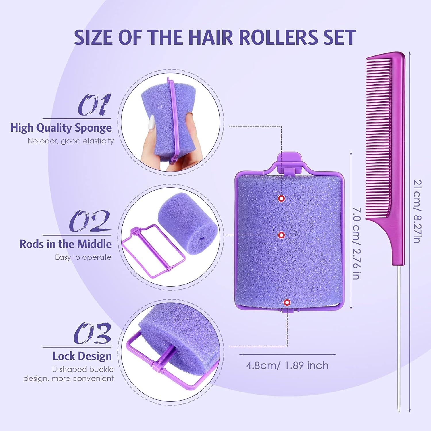12 rodillos de esponja de espuma, 1.89 pulgadas1.9 in, rizador de pelo suave para dormir, rizador de esponja flexible y peine de cola de rata de